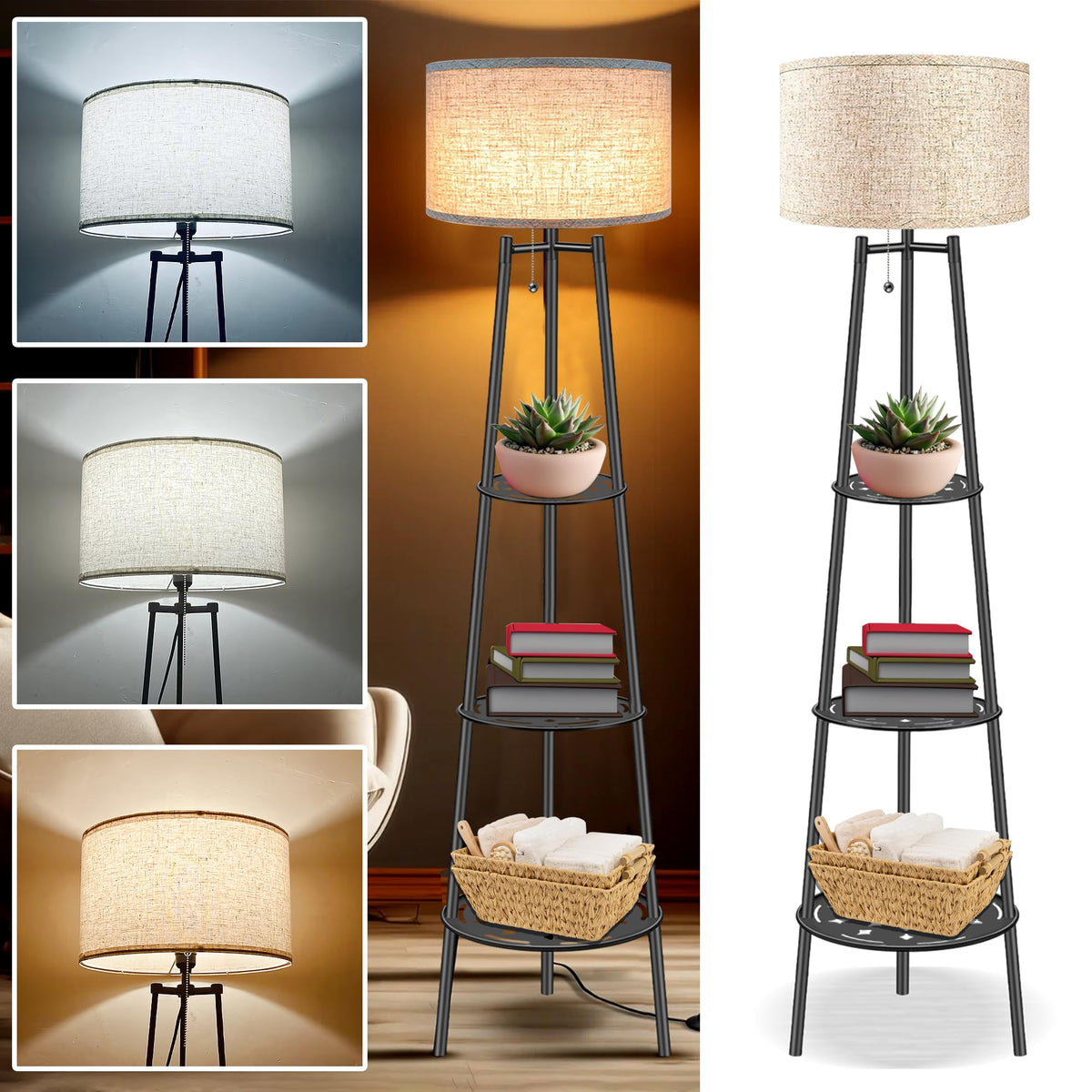 Floor Lamp with Shelves, Beige Shade Standing Lamp