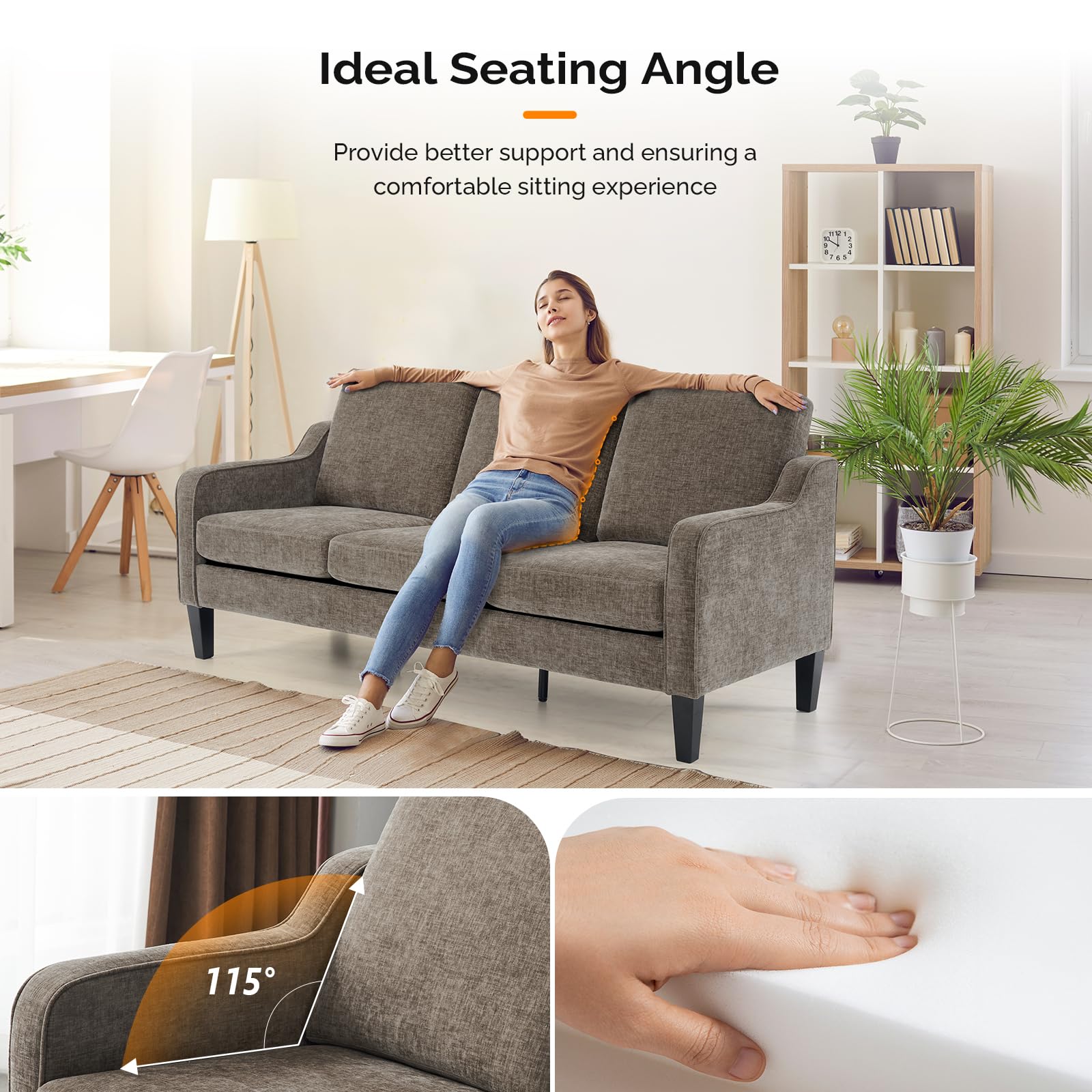 Brown 71" Small Sofa Mid Century Modern Couches 3 Seater Comfy Couch Upholstered Soft Chenille Floor Couch for Bedroom, Apartment, Office