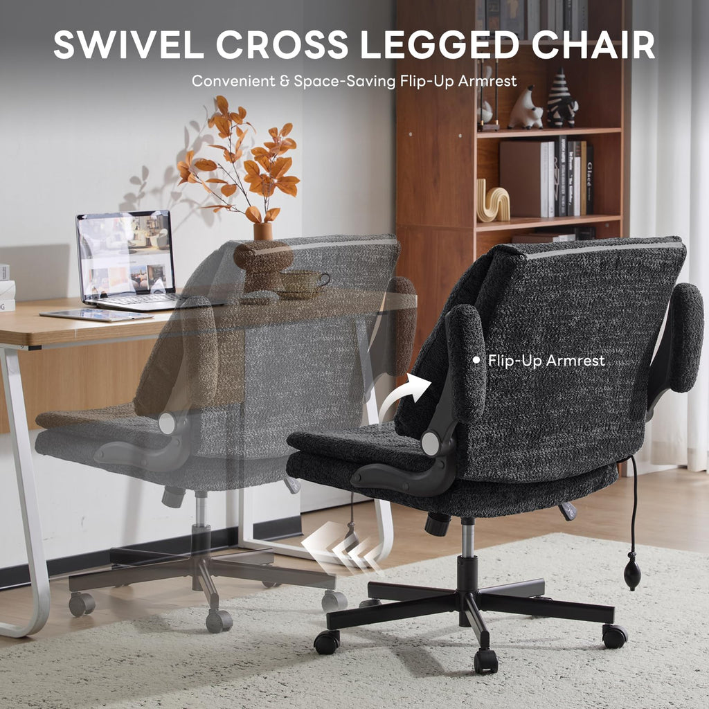 Criss Cross Office Chair with 2 in 1 Inflatable Flip-up Back, Ergonomic Wide Seat Desk Chair with Adjustable Arms and Wheels, Cross Legged Office Chair for Home & Office, Black