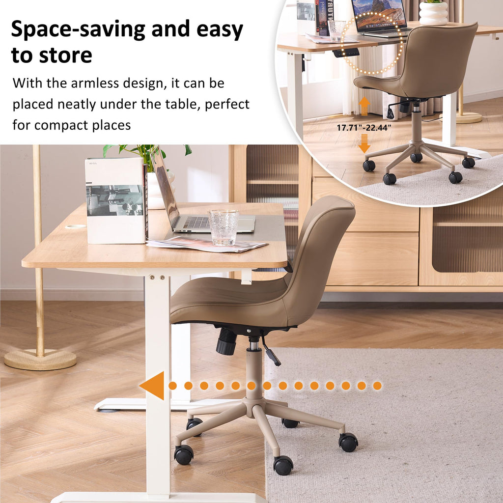 Home Office Desk Chair with Wheels Armless Vanity Chair with Back Comfy Modern Leather Upholstered Rolling Task Chair Swivel Small Cute Sewing Chair No Arms Wide Adjustable Ergonomic All Khaki