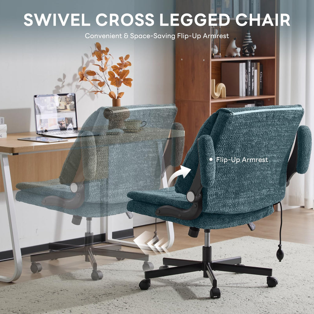 Criss Cross Office Chair with 2 in 1 Inflatable Flip-up Back, Ergonomic Wide Seat Desk Chair with Adjustable Arms and Wheels, Cross Legged Office Chair for Home & Office, Dark Green