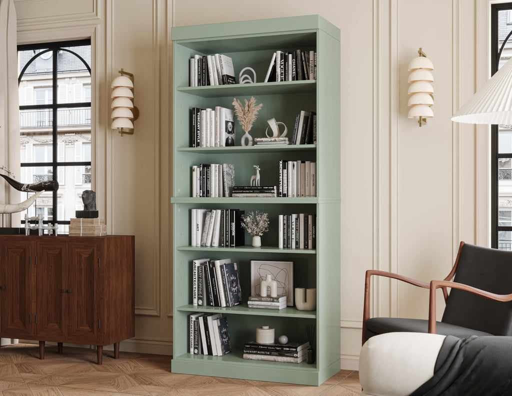 Solid Wood Bookcase - Stackable Modular 6-Tier Bookshelf - 71.5" Tall x 32" Wide - Sage, Open Display Shelf for Living Room, Office, Renewable 100% Eco-Friendly Wood, Made in Brazil