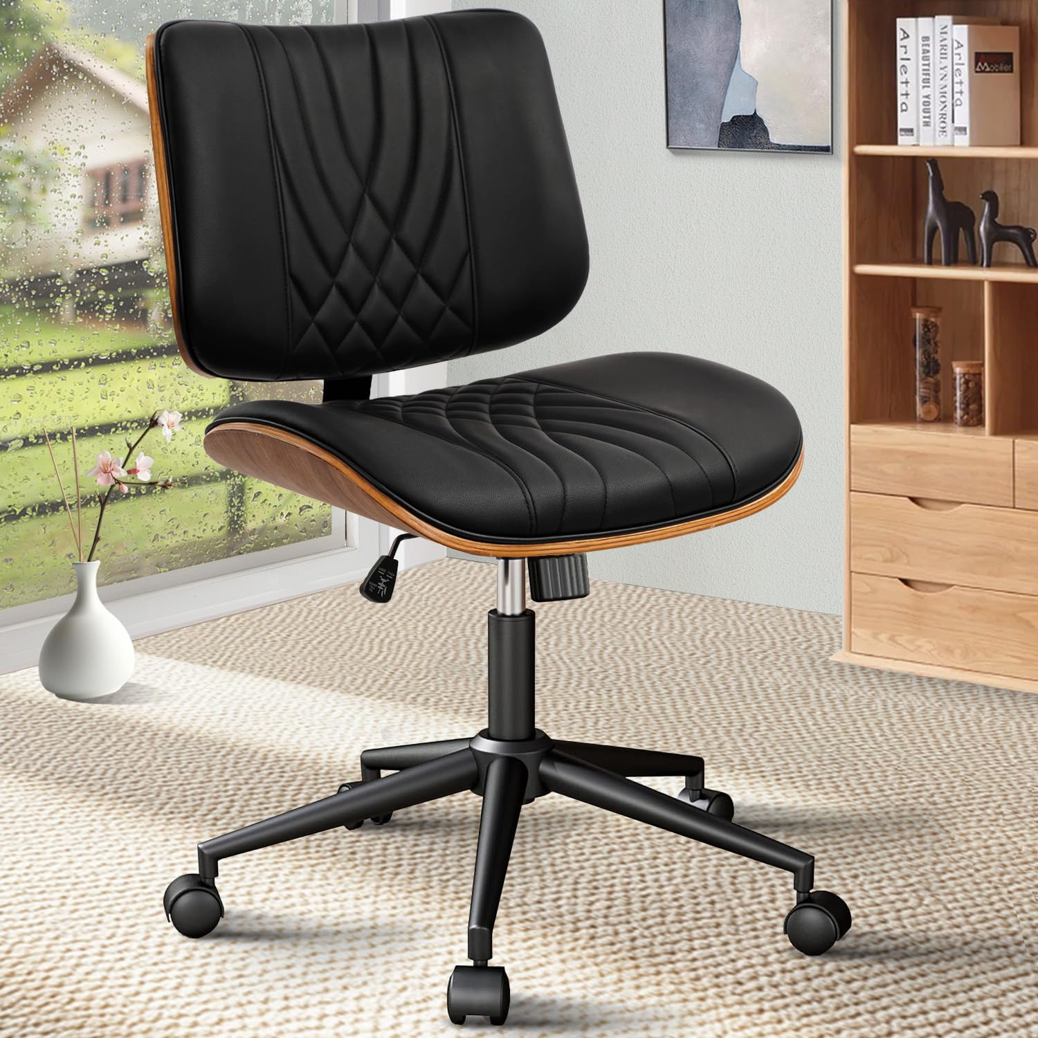 Armless Home Office Chair, Desk Chair with Wheels, Adjustable Height Reading Chair, Leather Mid Back & Swivel Computer Chair, Modern Walnut Chairs with Back for Studio Meeting Room(Black)