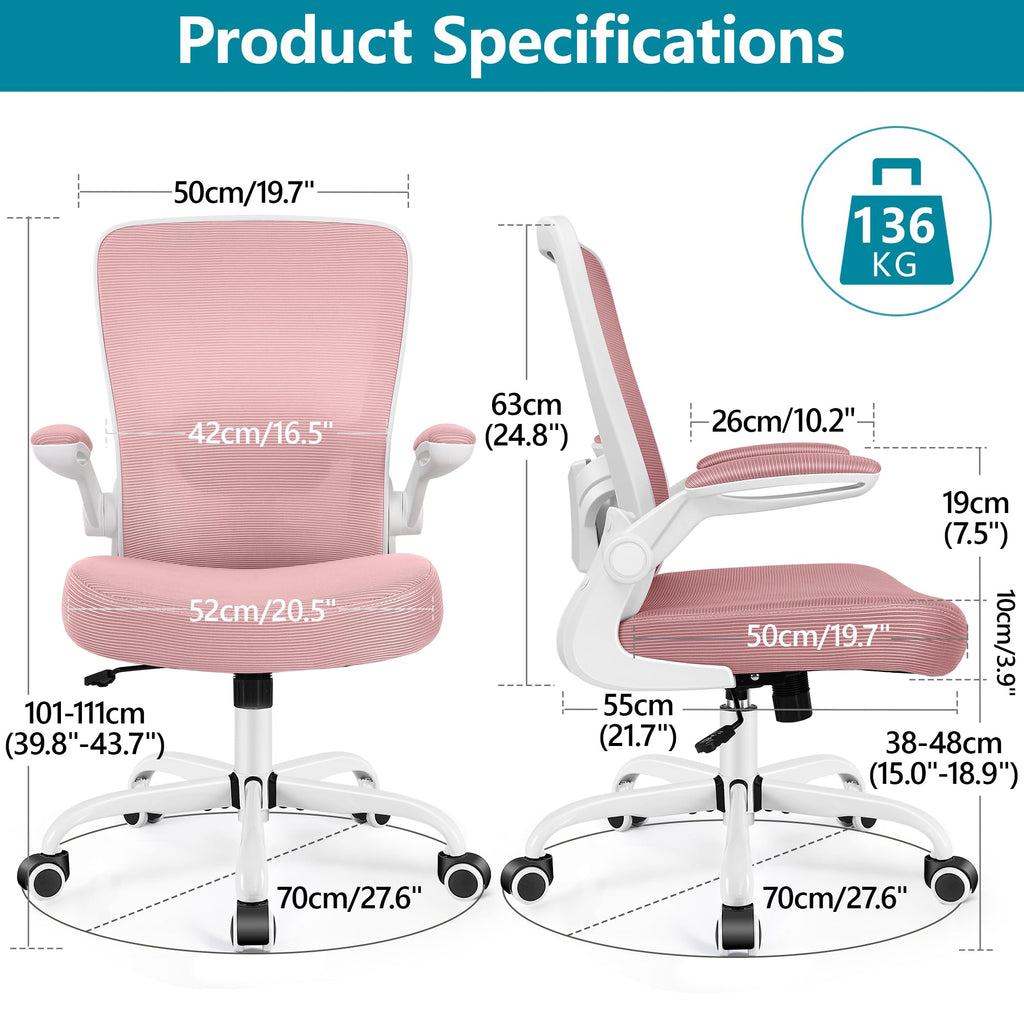 Office Chair, Ergonomic Desk Chair Breathable Mesh Chairs Adjustable High Back Lumbar Support Flip-up Armrests, Executive Rolling Swivel Comfy Computer Chairs Home Office Rose Quartz