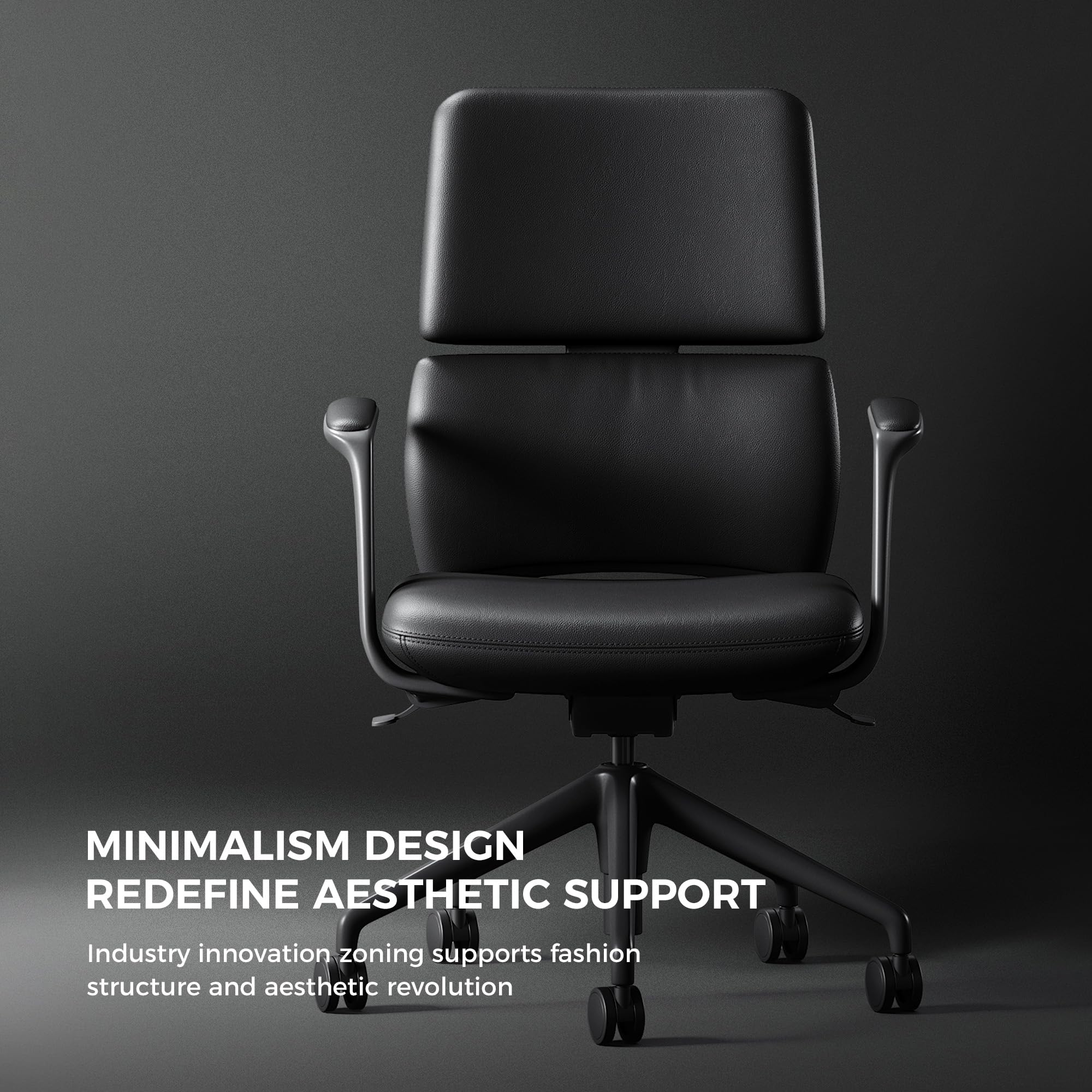 Genuine Leather Office Desk Chair with Wheels, Ergonomic Leather Executive Chair, Mid Back, Swivel Base with Adjustable Tilt, Modern Style, Luxury Aluminum Frame