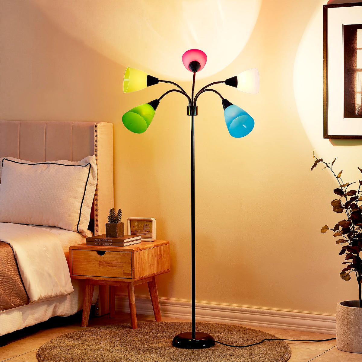 Medusa Modern Decor Floor Lamp, 5 Head Adjustable Gooseneck Lamps for Reading, Colorful Multiple Tall Standing Lamps for Living Room Bedroom Office Kids Classroom, Black, Bulbs Included