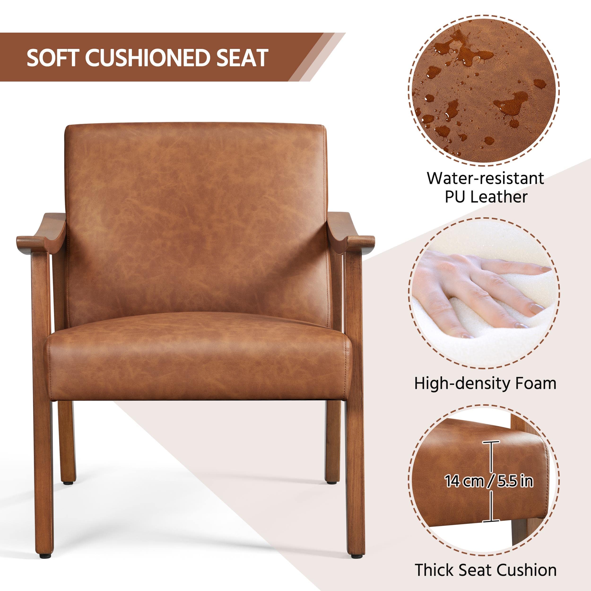 PU Leather Accent Chair, Mid-Century Modern Armchair with Solid Wood Legs, Reading Leisure Chair with High Back for Living Room Bedroom Waiting Room, Light Brown