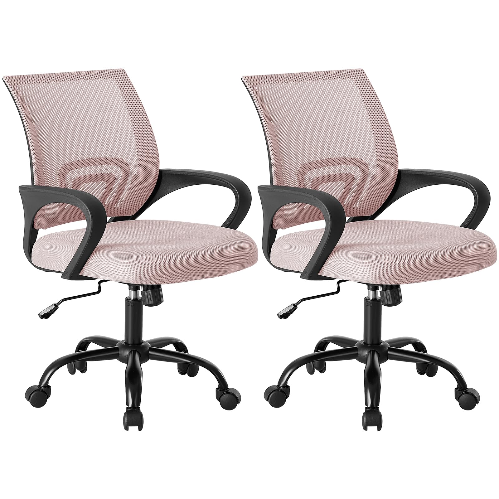 2 Pack, Office Desk Chair - Ergonomic Mid Back with Lumbar Support & Rocking Mode, Height Adjustable with Fixed Armrest, for Home, Computer, Gaming, Conference, Meeting Room, 360° Swivel, Pink