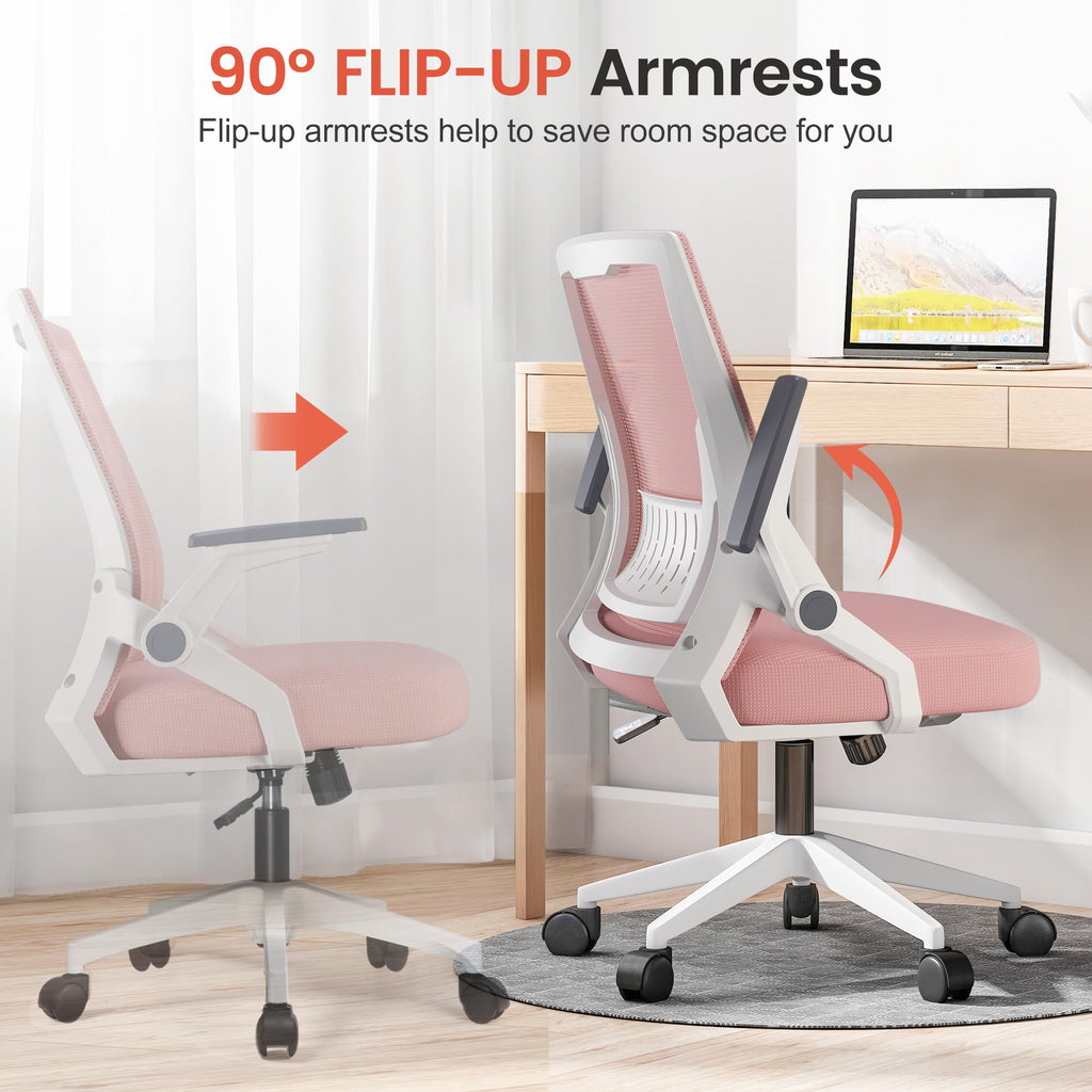 Office Chair with Flip-up Armrests Ergonomic Computer Desk Chair with Adaptive Lumbar Support & Breathable Mesh, Pink