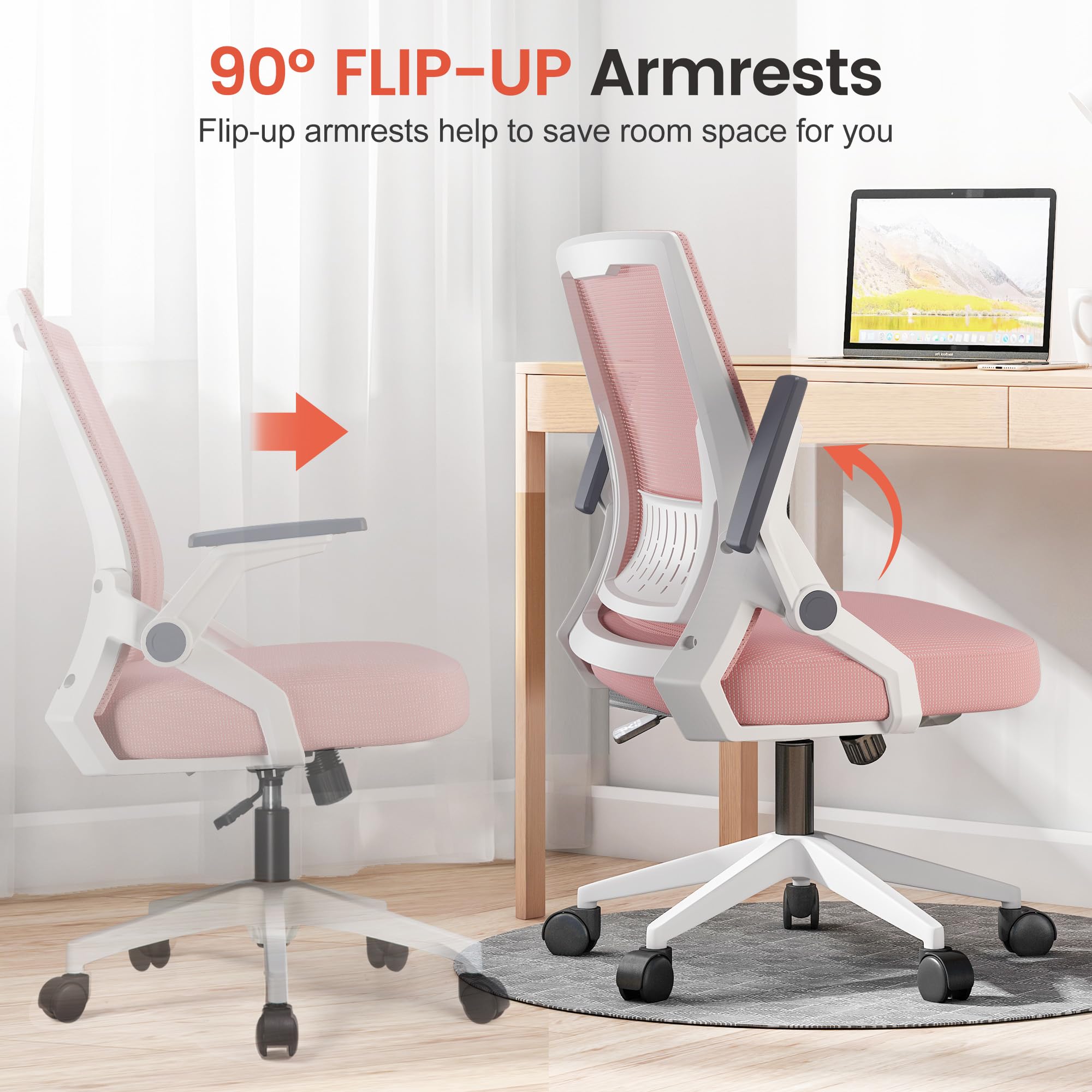 Office Chair with Flip-up Armrests Ergonomic Computer Desk Chair with Adaptive Lumbar Support & Breathable Mesh, Pink