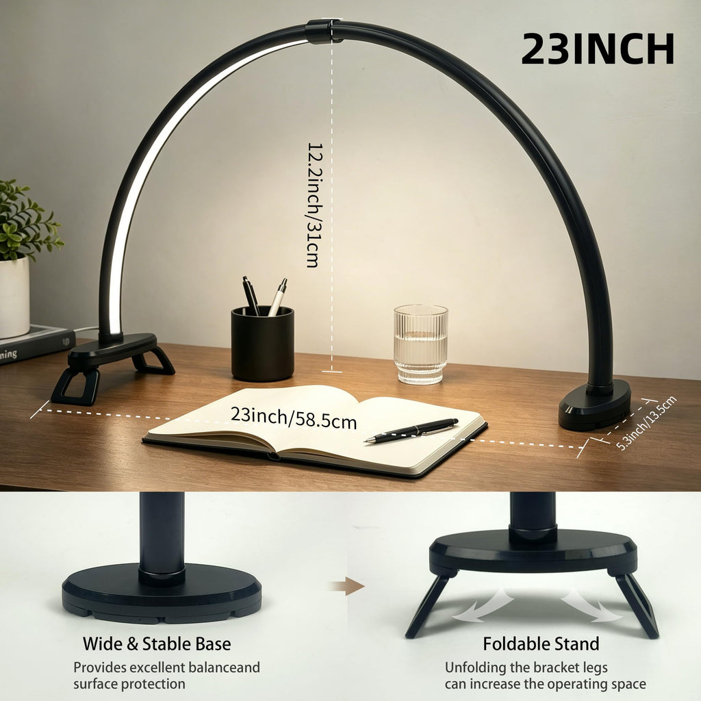 Half Moon Light for Nail Desk,23 Inch Detachable Foldable LED Nail Desk Lamp,3 Modes Color Temperature,0%-100% Stepless Dimming,180°Shadowless Lighting for Nail Art,Eyelash, Makeup,Tattoo(Black)
