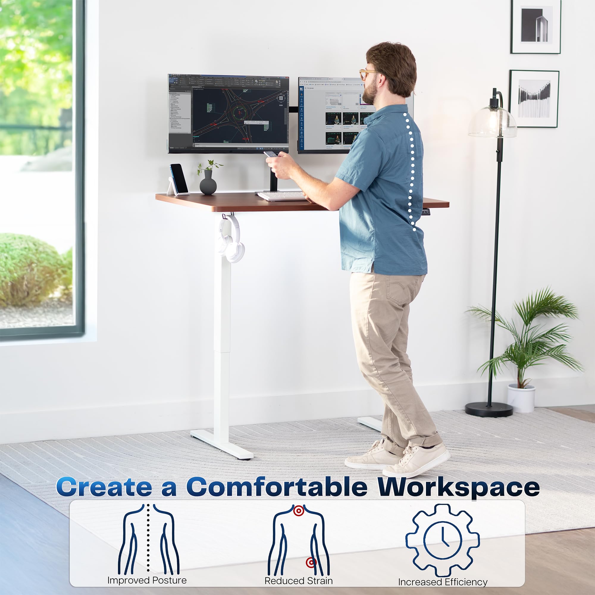 Electric 48 x 30 in Standing Desk, Memory Height Adjustment, 1B Series, Holds 220 lbs, One-Piece Dark Walnut Top, White Frame