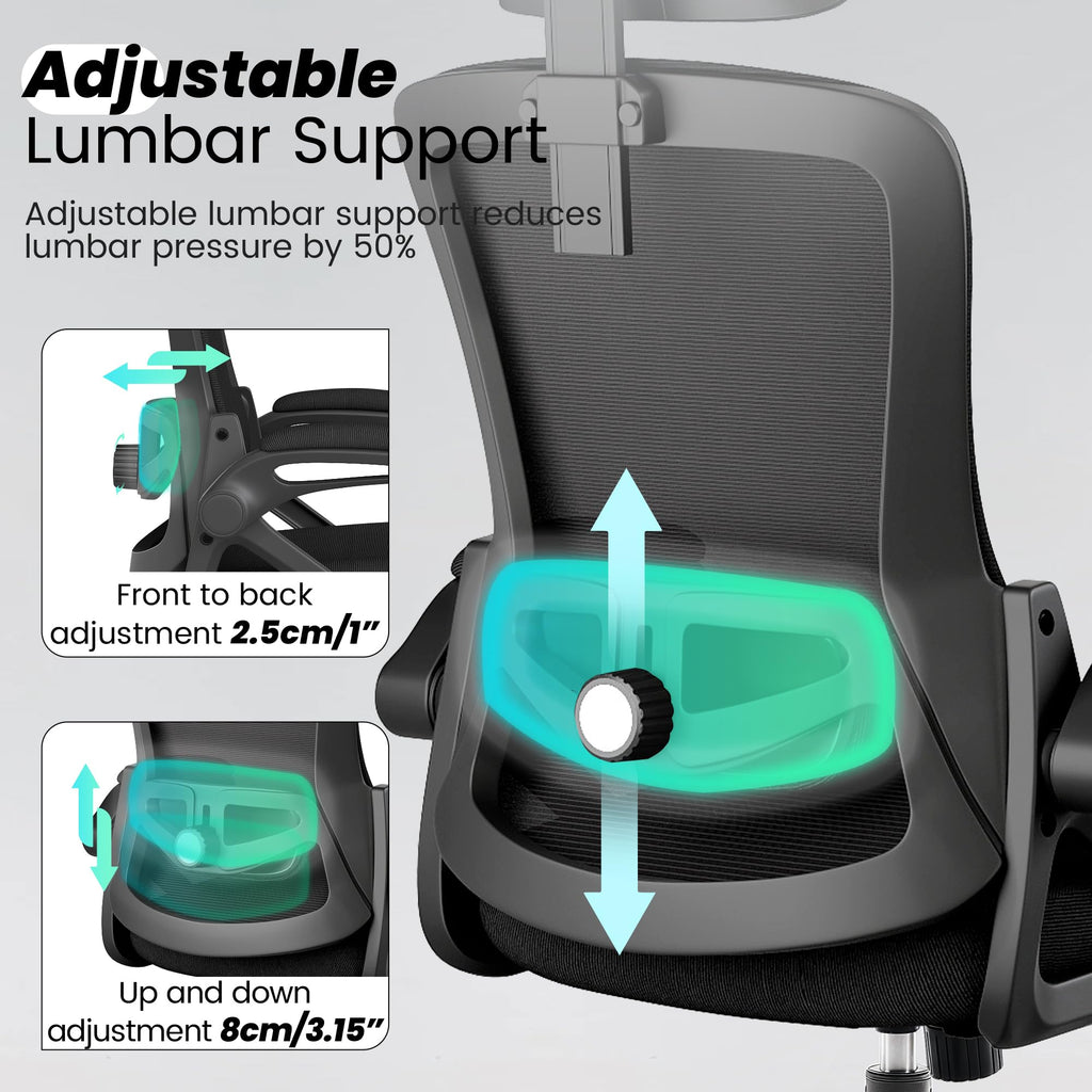 Office Chair, Ergonomic Office Chair with High Back Mesh and Adjustable Lumbar Support, Home Mesh Office Desk Chairs with Wheels, Comfortable Gaming Chair for Long Hours (Deep Black)