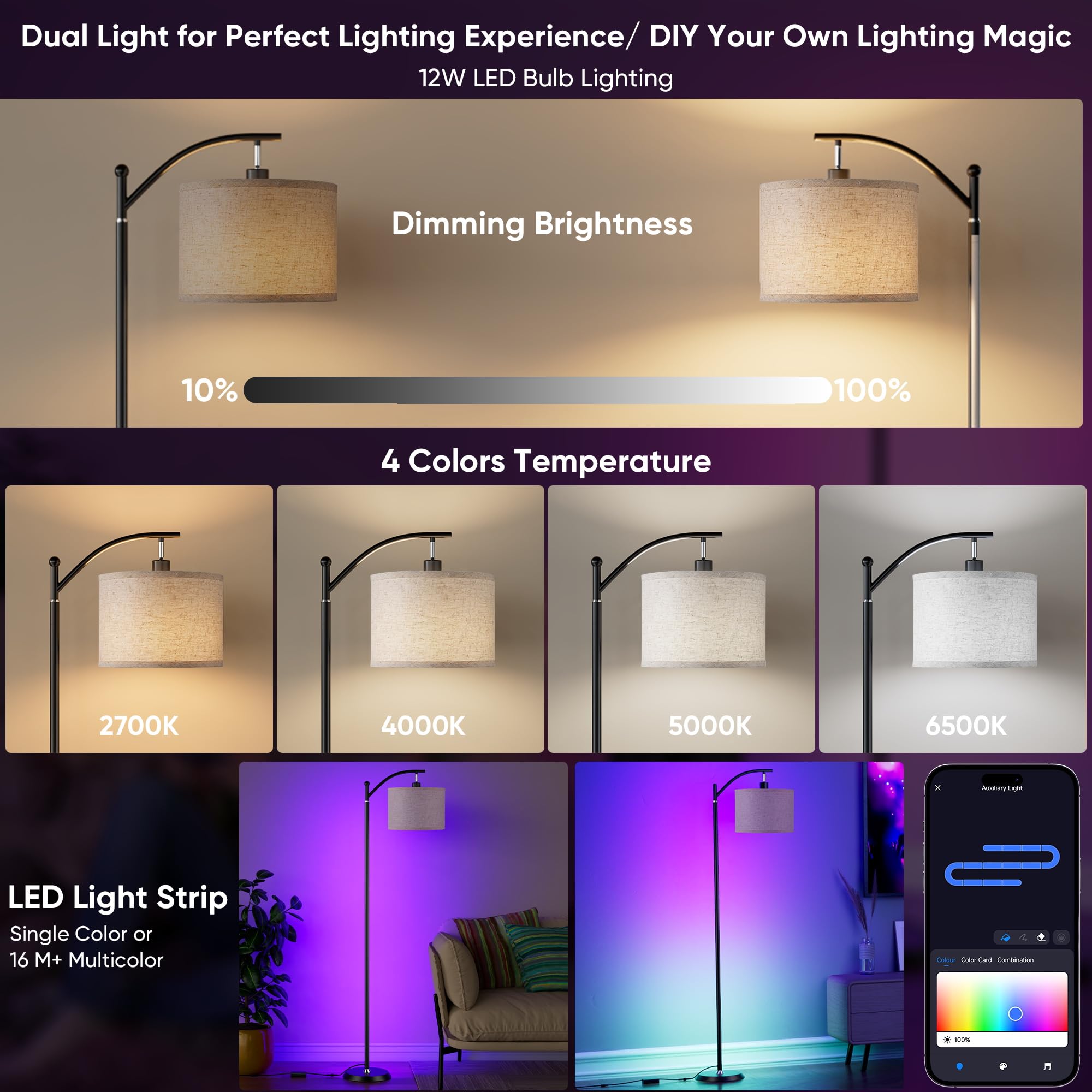 Smart LED RGBCW Corner Lamp with Linen Lampshade Compatible with Alexa, Color Changing Standing Lamp with 16 Million DIY Colors, Music Sync, Tall lamp for Living Bedroom Room,APP/Voice/Remote Control