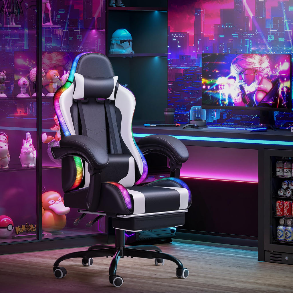 Gaming Chair, Video Game Chair with Footrest and Massage Lumbar Support, Ergonomic Computer Chair Height Adjustable with Swivel Seat and Headrest (RGB Lvory)