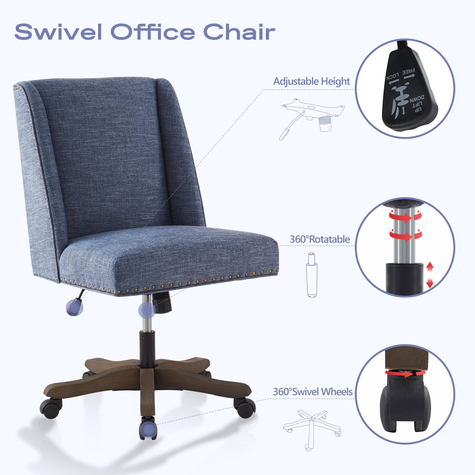 Armless Office Chair with Wooden Legs, Modern Adjustable Upholstered Office Desk Chair No Arms Computer Chair Swivel Chair for Home Office Study Studio (Blue)