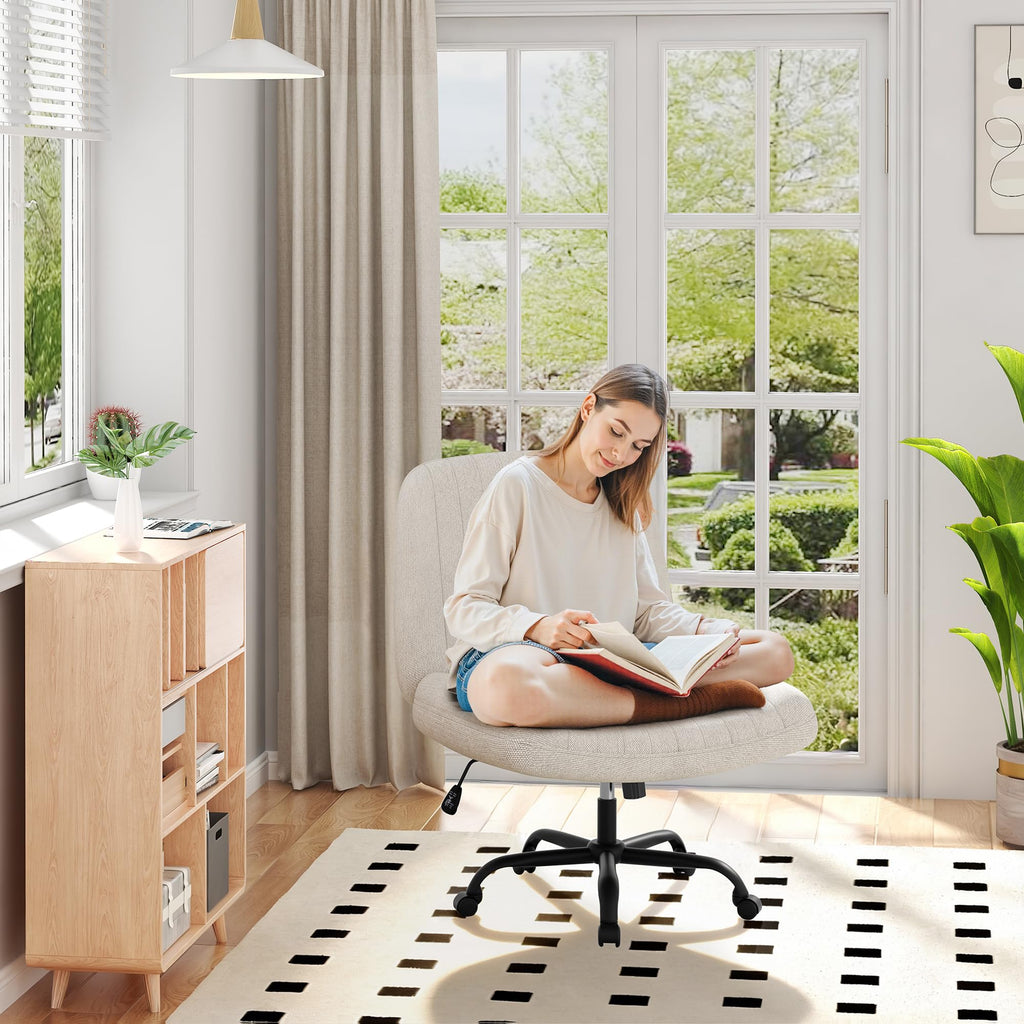 Criss Cross Chair,Cross Legged Office Seat with Wheels Armless Swivel Vanity Chair,Height Adjustable Wide Computer Task Seating for Home Office,Beige