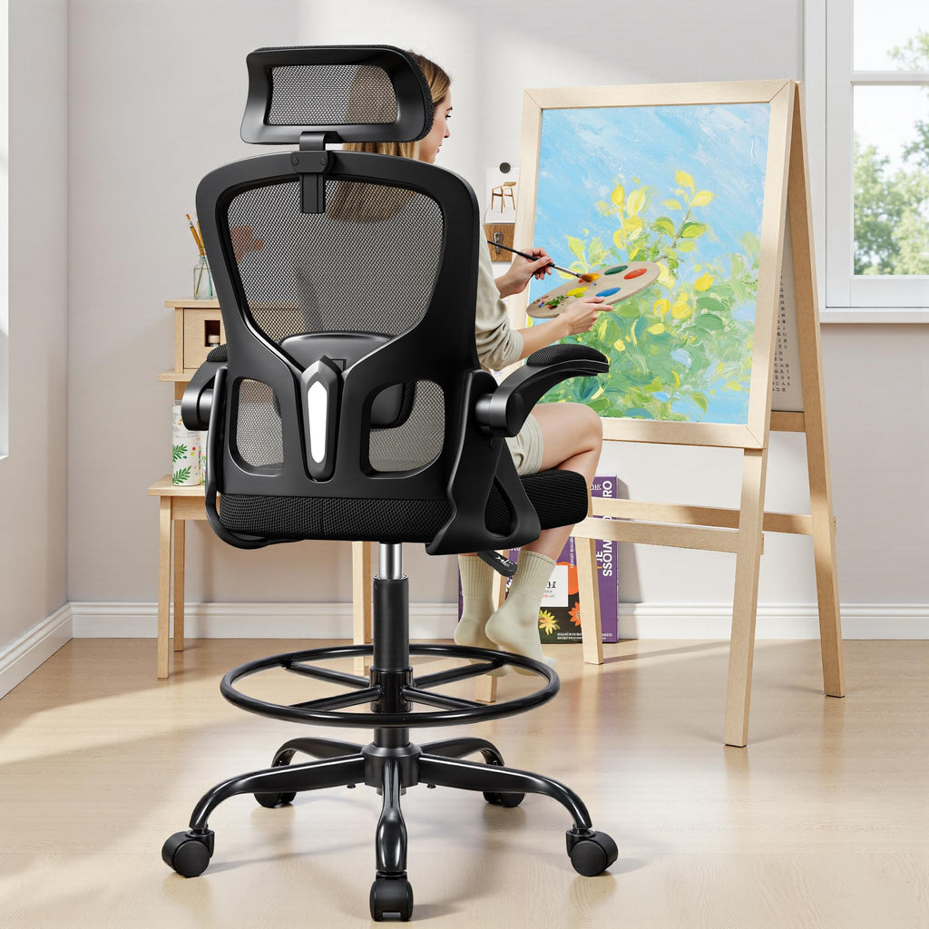 Drafting Chair, Tall Office Chair for Standing Desk, Ergonomic High Back with Headrest, Lumbar Support, Foot Ring and Flip-up Armrests, Black