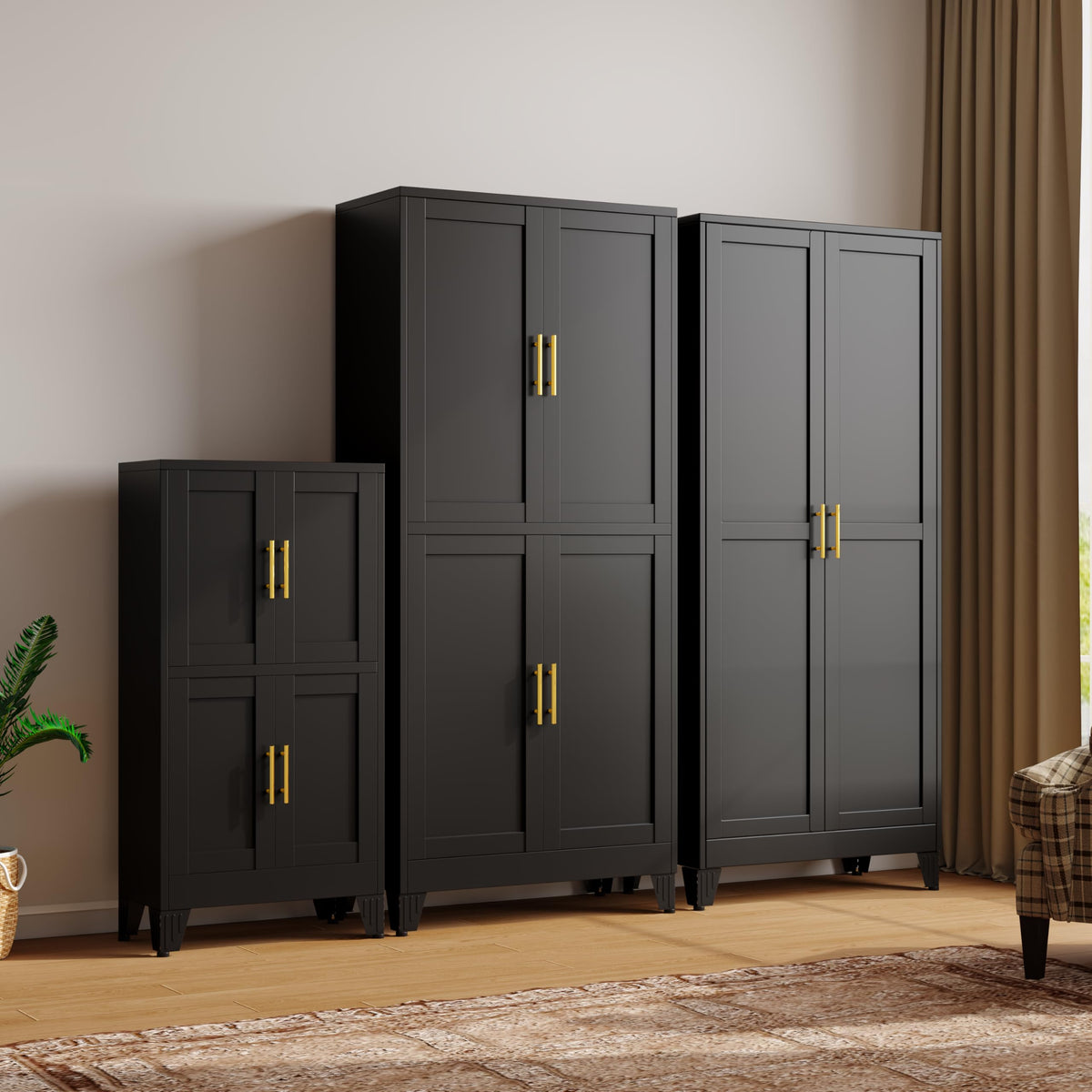 47” Black Metal Storage Cabinet, Kitchen Pantry Cabinet