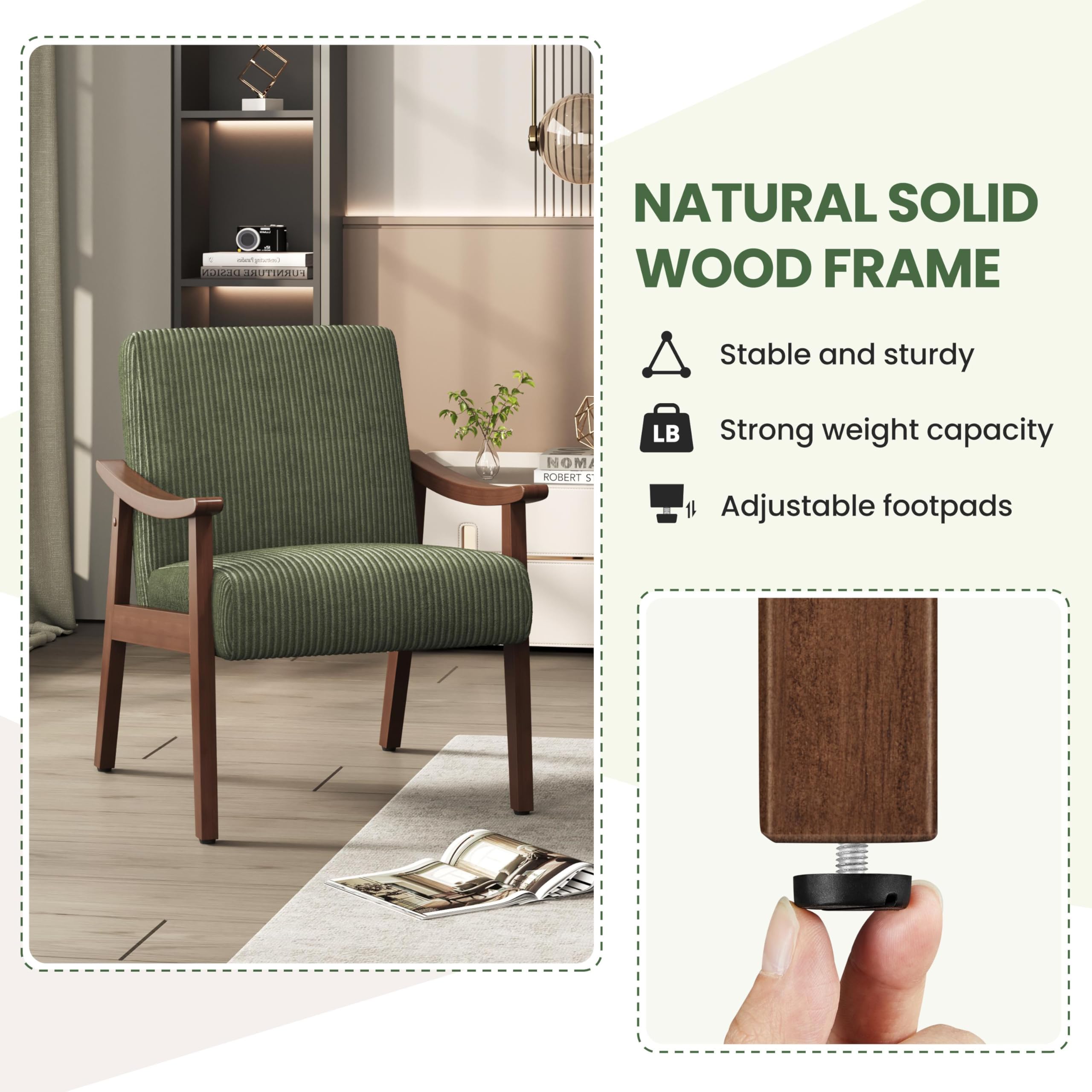 Corduroy Accent Chair, Mid-Century Modern Armchair with Solid Wood Legs, Reading Leisure Chair with High Back for Living Room Bedroom Waiting Room Dark Green
