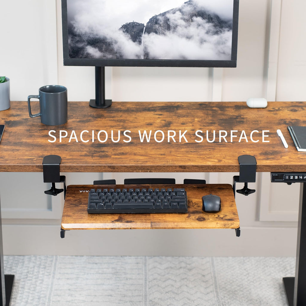 Small Keyboard Tray, Under Desk Pull Out with Extra Sturdy C Clamp Mount System, 20 (26 with Clamps) x 11 inch Slide-Out Platform Drawer, Rustic Vintage Brown Top, Black Frame