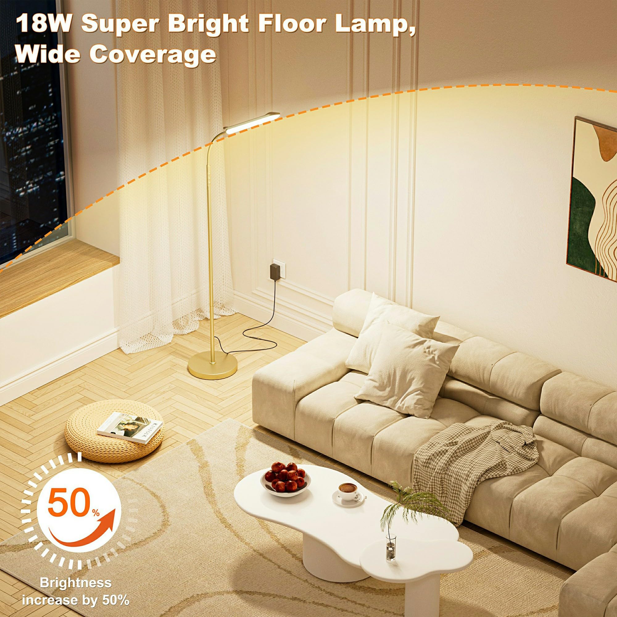 LED Floor Lamp, Super Bright Reading Lamps Floor Standing lamp with Remote & Touch Control, Stepless Dimming & 2700K-6500K Color Temperature, for Living Room Bedroom Office, Gold
