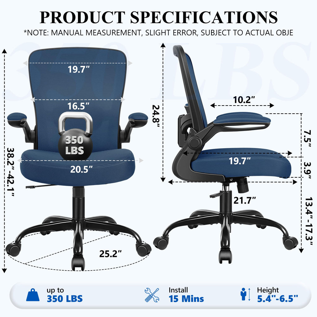 Office Chair, Ergonomic Desk Chair Breathable Mesh Chairs Adjustable High Back Lumbar Support Flip-up Armrests, Executive Rolling Swivel Comfy Computer Chairs Home Office Navy