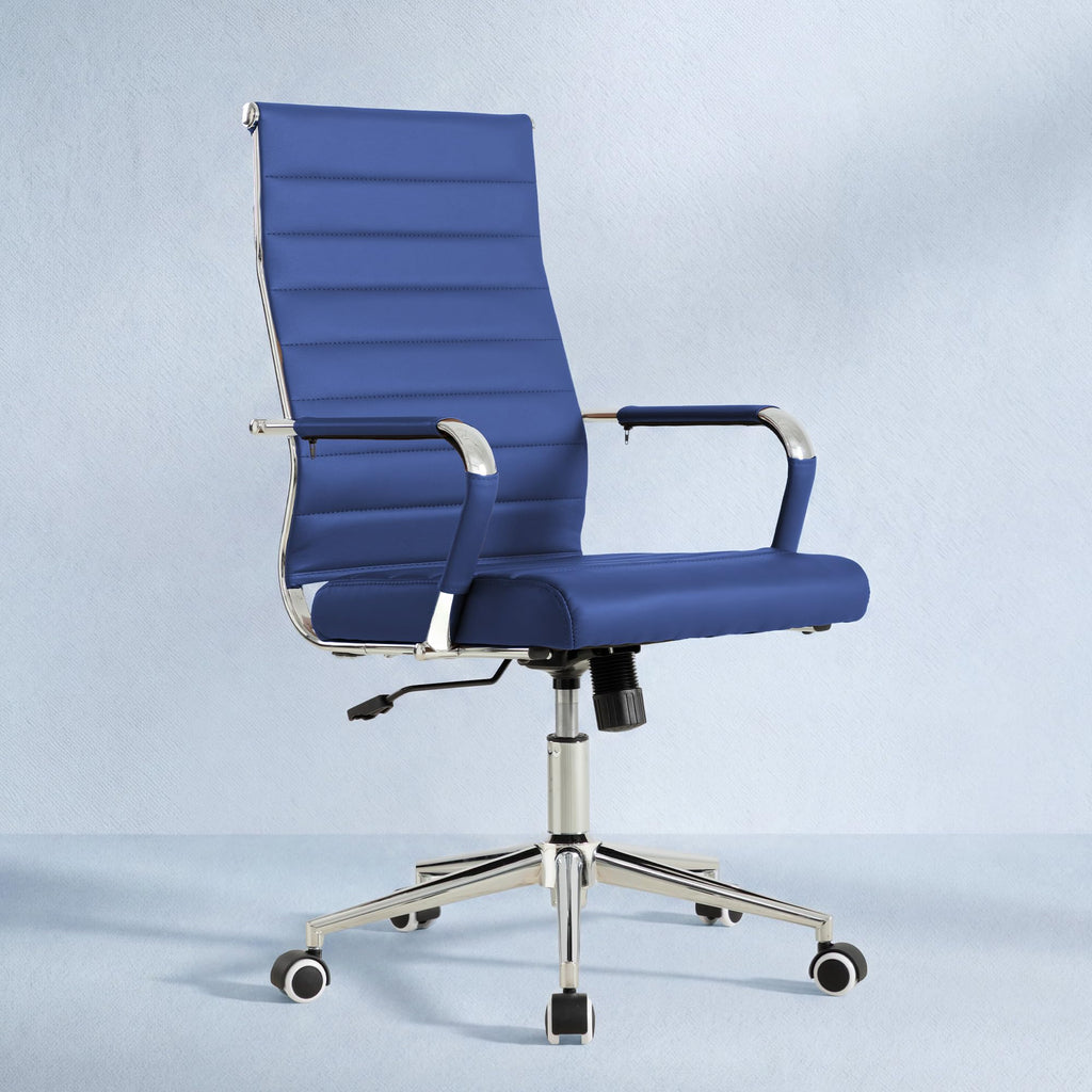 Navy Blue Office Desk Chair, Ergonomic Leather Modern Conference Room Chairs, Executive Ribbed Height Adjustable Swivel Rolling Chair for Home Office.