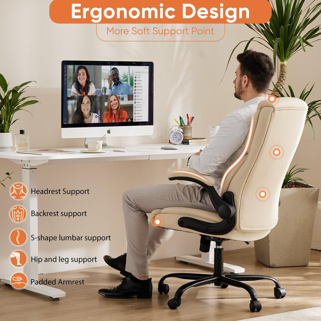 Ergonomic Office Chair - Heavy Duty Task Desk Chair with Flip-up Armrest, PU Leather, Height Adjustable & Swivel Rolling Chair with Wheels, Beige