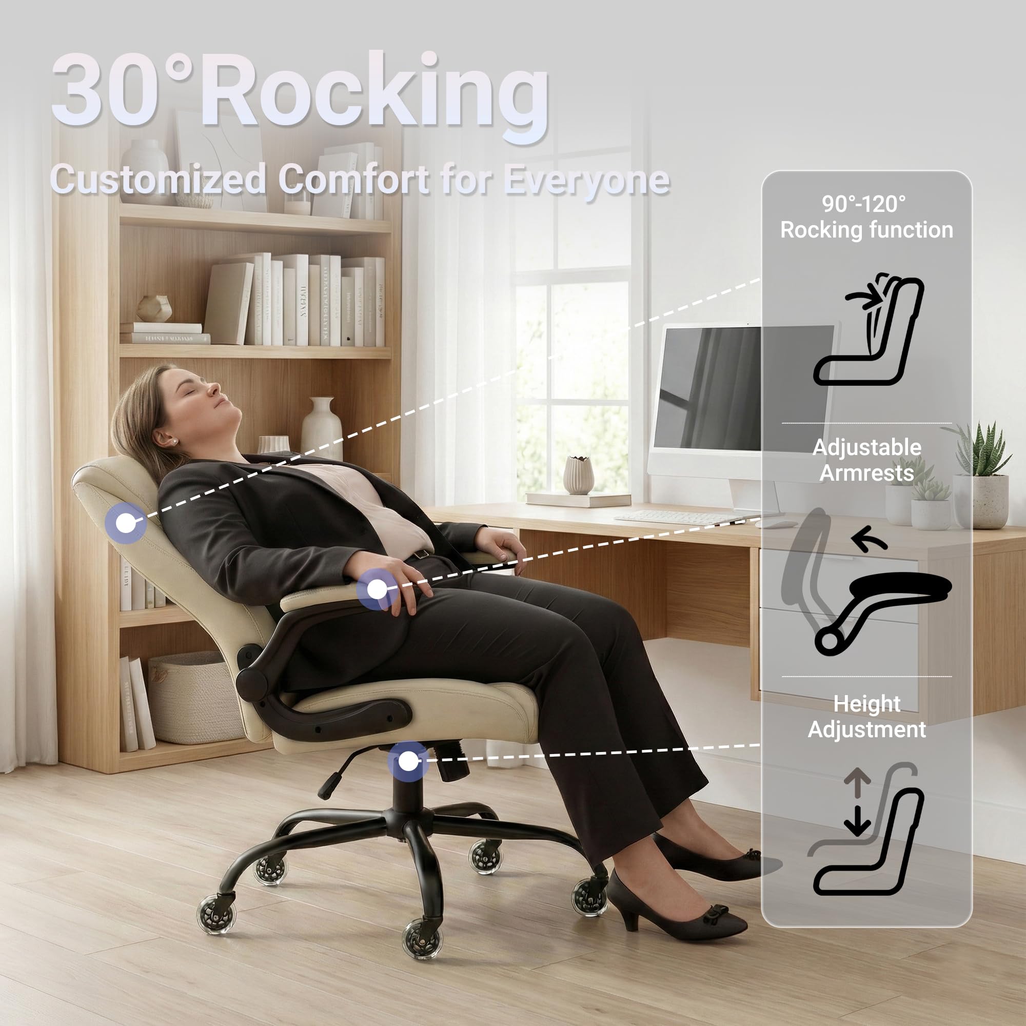 Big and Tall Office Chair for Heavy People, 500LBS High Back Extra Wide Executive PU Leather Office Chair with Flip-Up Armrests, Quiet Rubber Wheels, Comfortable Home Office Desk Chair (White)