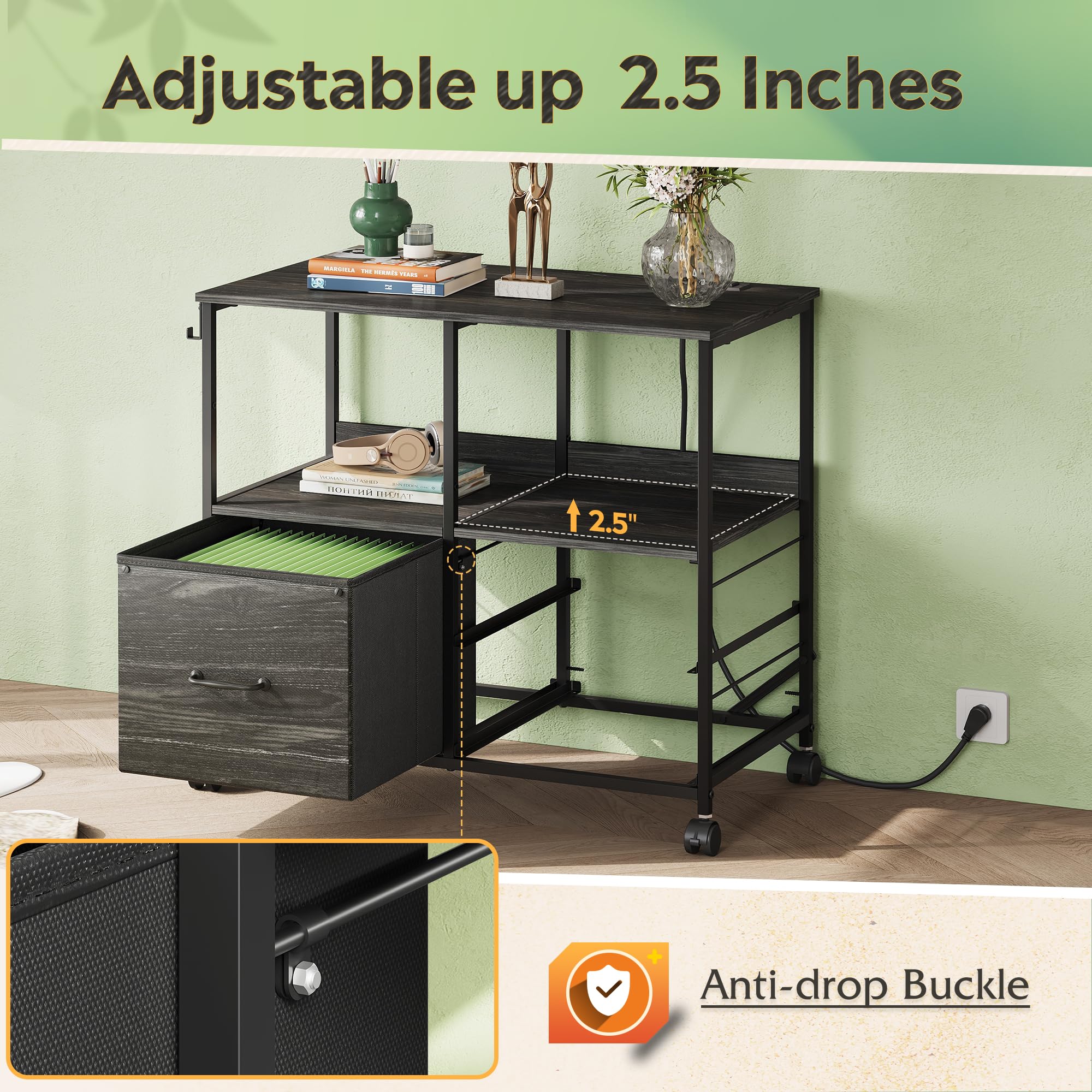 3 Drawer Mobile File Cabinet with Storage Shelf, Charging Station