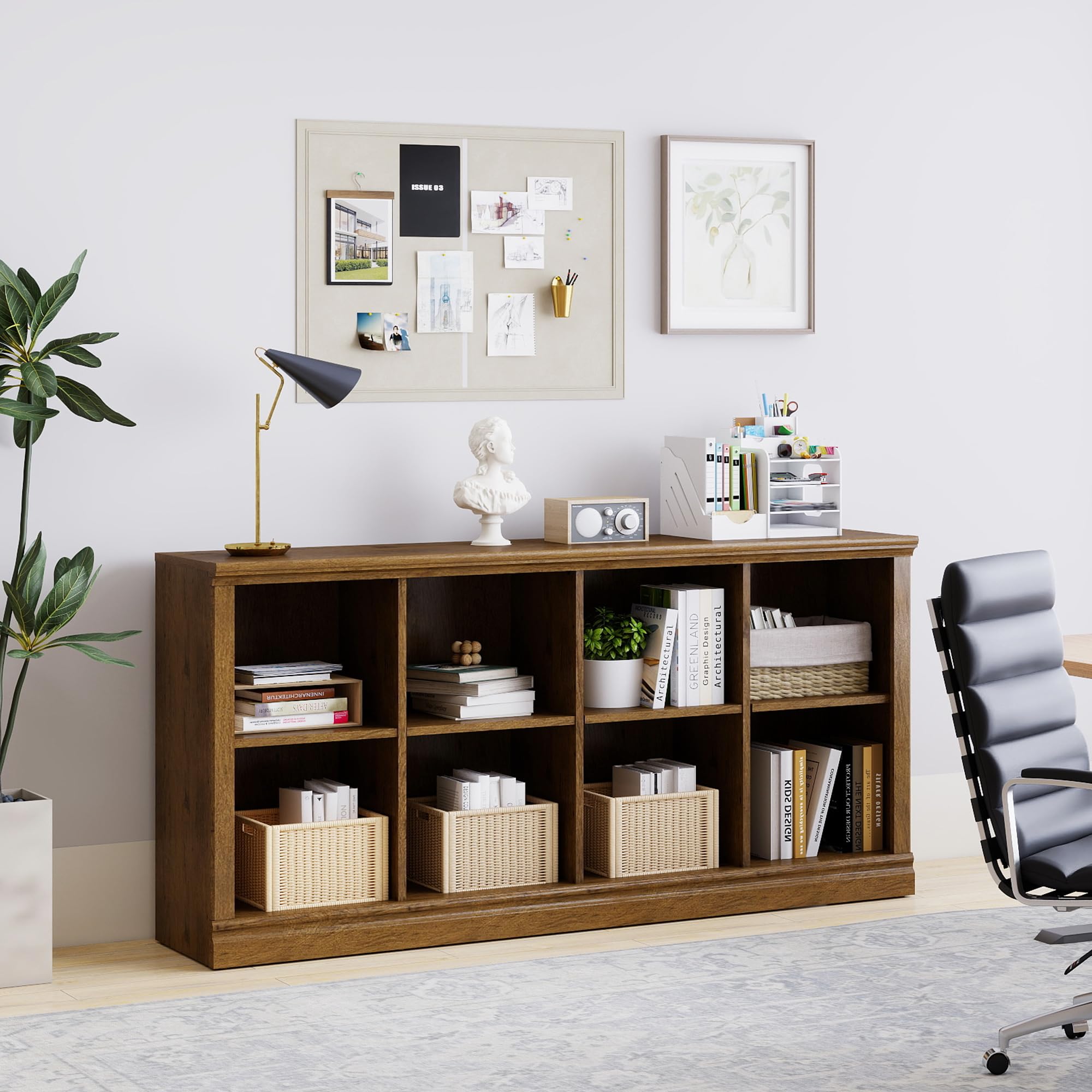 2 Tiers 8 Cube Storage Organizer Bookcase, 54 inch Width Wooden Book Shelf