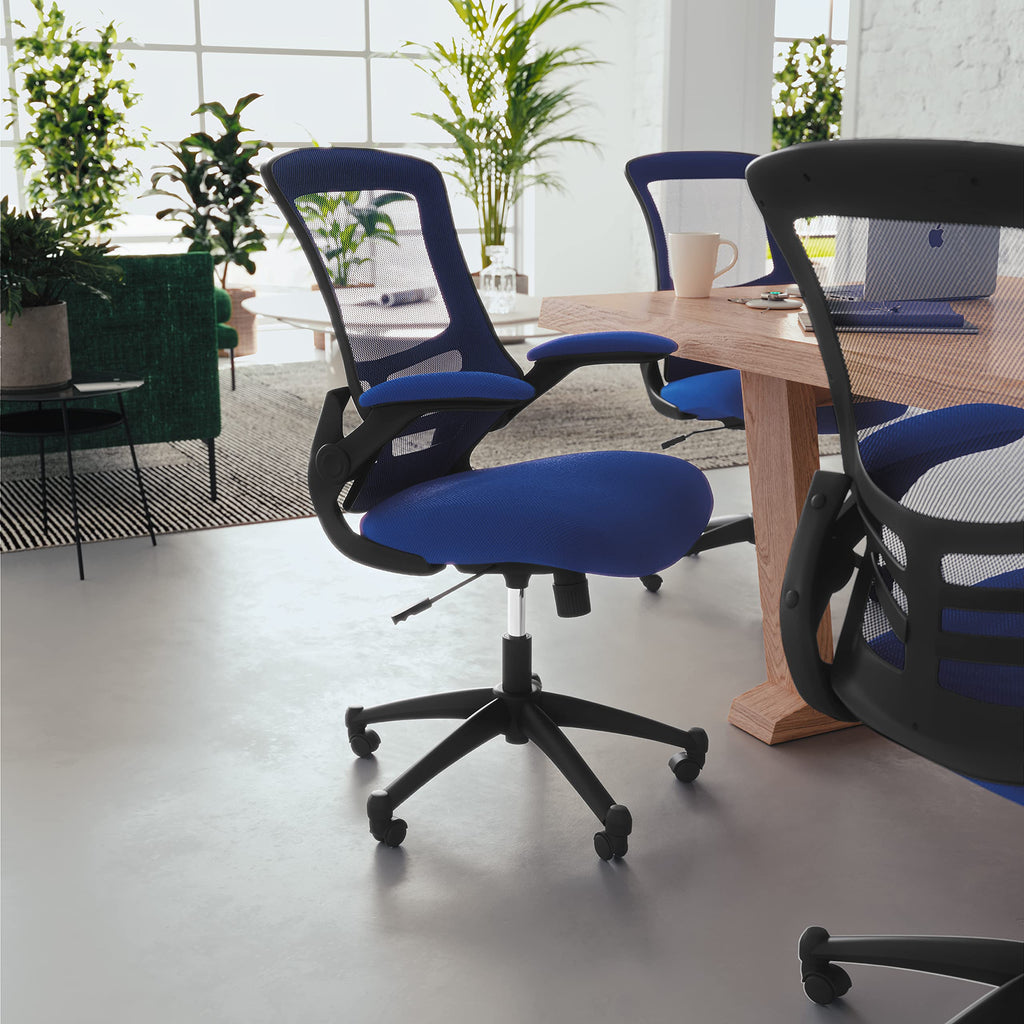 Mid-Back Blue Mesh Swivel Ergonomic Task Office Chair with Flip-Up Arms