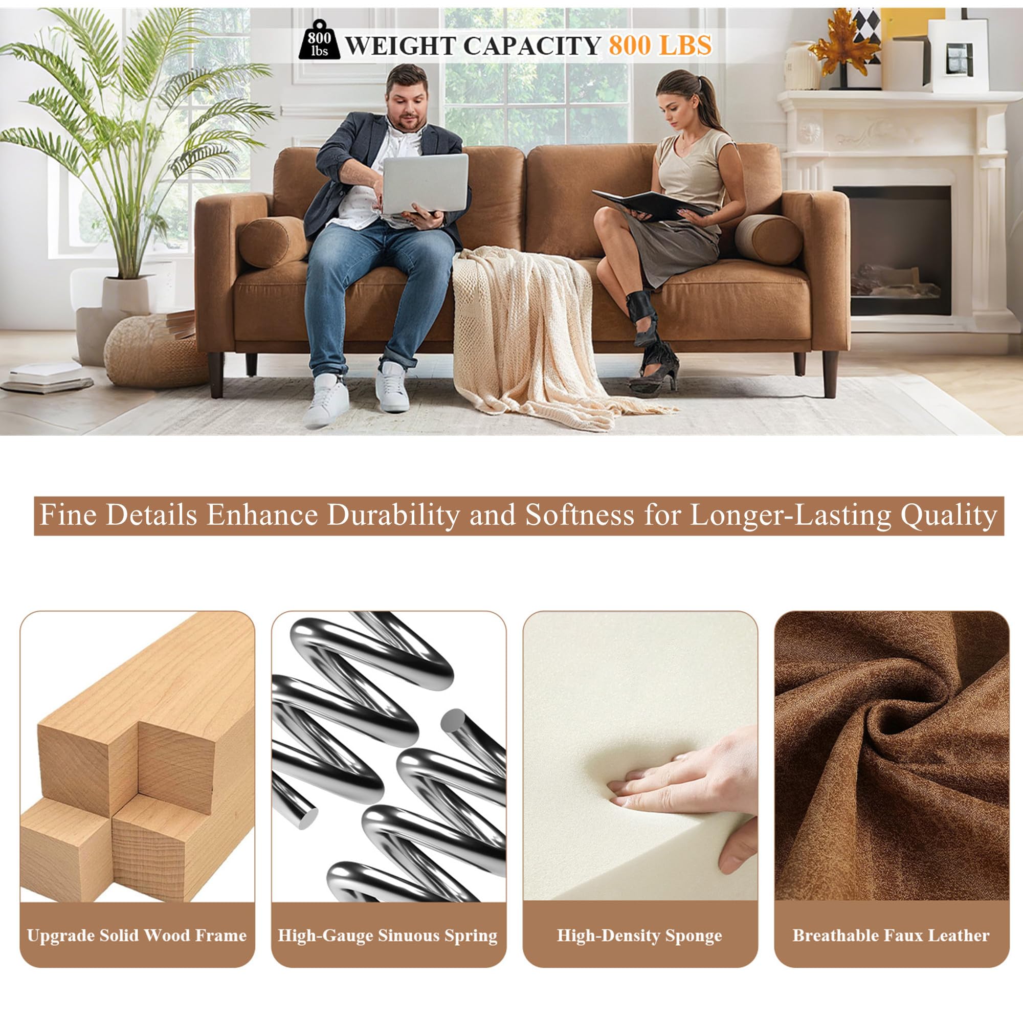 79" Sofa Couches for Living Room Mid-Century Modern Decor Faux Leather Couch with Deep Seat&Cloud Cushions&2 Pillow, 3 Seater Home Sofa Living Room Brown Loveseat for Office, Bedroom, Apartment