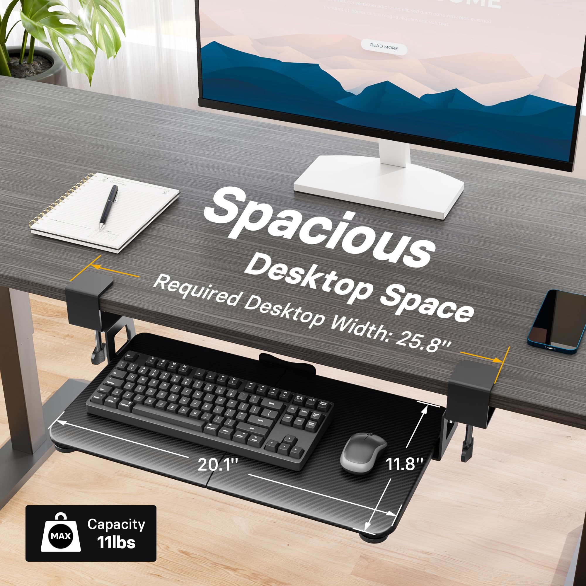 Under Desk Keyboard Tray, Pull-Out Keyboard & Mouse Platform with C-Clamp, 20 x 11.8 in Space-Saving Ergonomic Slide-Out Drawer, Black Carbon Fiber