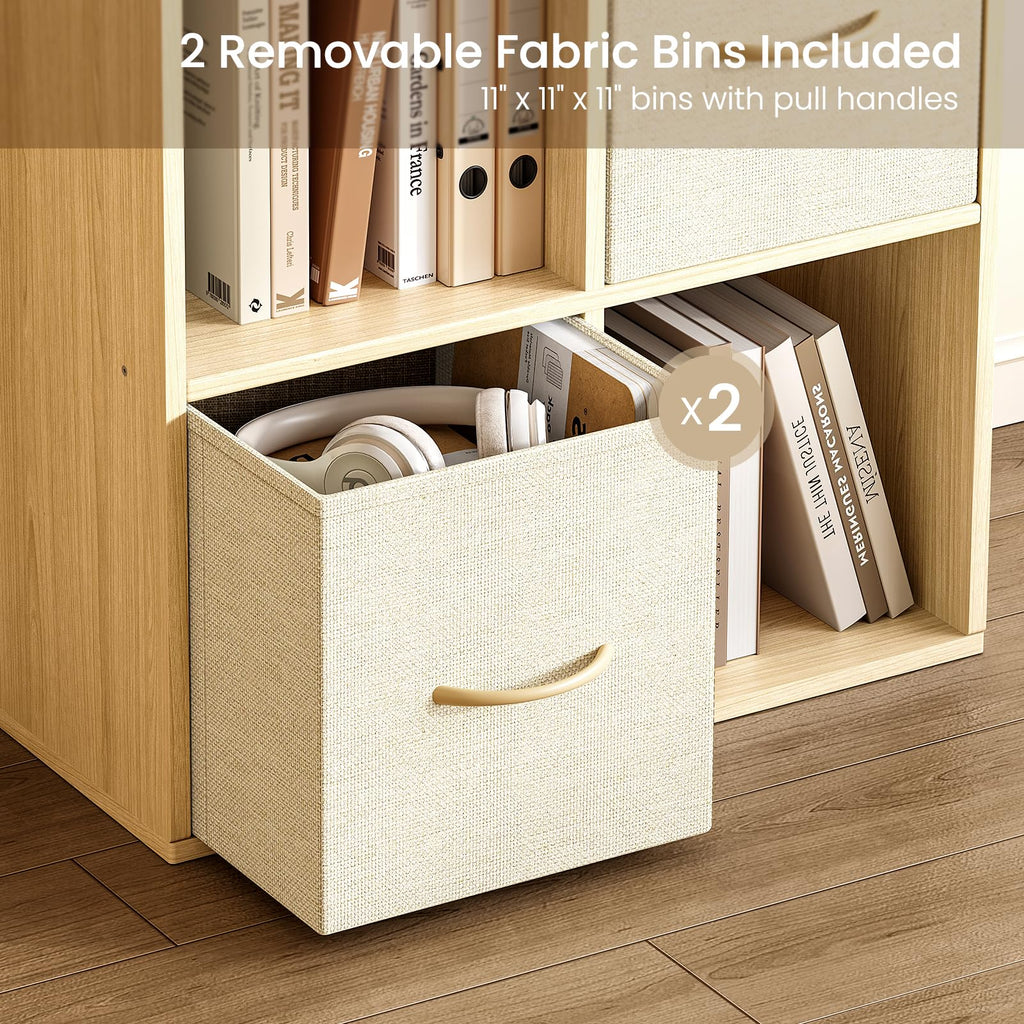 4 Cube Storage Organizer - Solid Wood Bookshelf with 2 Storage Bins, Cube Shelf with 2 Removable Back Panels, Vertical or Horizontal Bookcase, Open Book Shelf for Bedroom, Living Room, Office