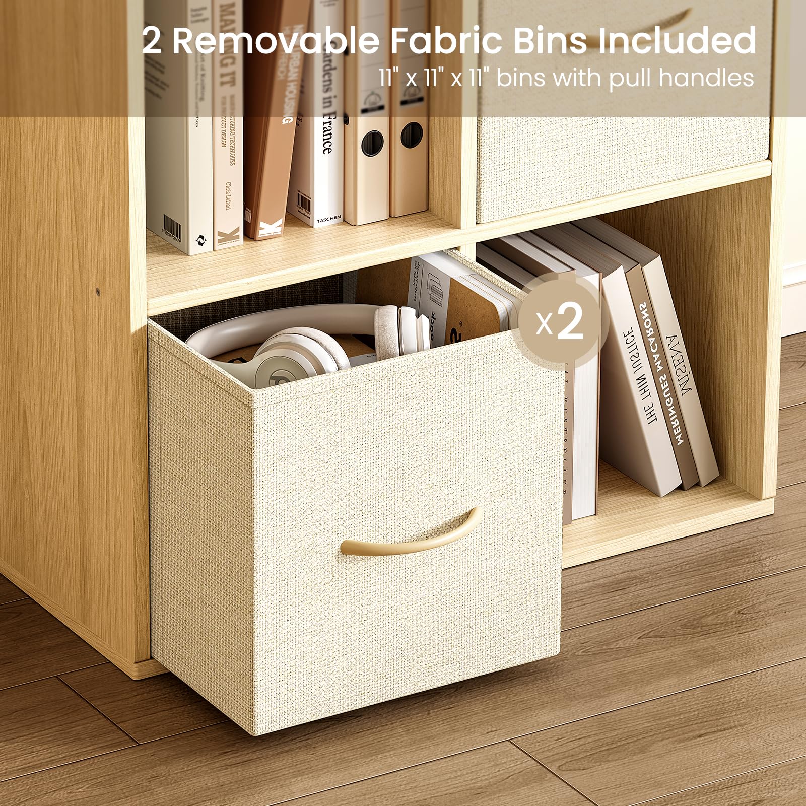 4 Cube Storage Organizer - Solid Wood Bookshelf with 2 Storage Bins, Cube Shelf with 2 Removable Back Panels, Vertical or Horizontal Bookcase, Open Book Shelf for Bedroom, Living Room, Office