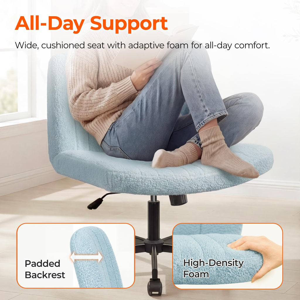 Criss Cross Chair Wheels Vanity Chair Office Desk Comfy Wide Cross Legged Armless Teddy Fabric Adjustable Swivel for Home Computer Task (Blue, Teddy Fleece)