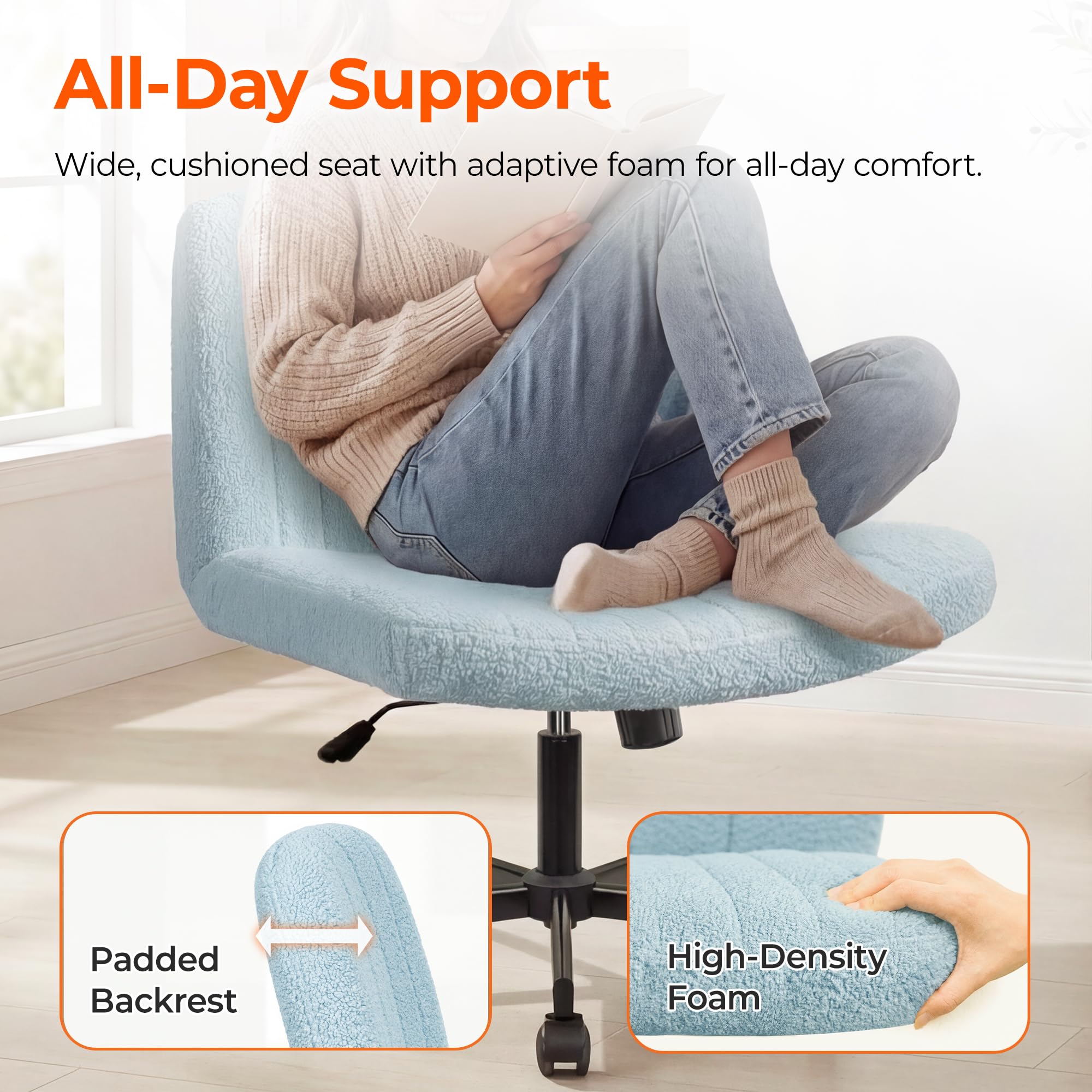 Criss Cross Chair Wheels Vanity Chair Office Desk Comfy Wide Cross Legged Armless Teddy Fabric Adjustable Swivel for Home Computer Task (Blue, Teddy Fleece)
