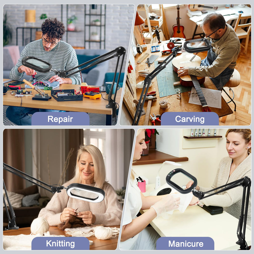 30X 10X Large Magnifying Glass with Light and Clamp, Real Glass, 5 Color Modes, Stepless Dimmable, Lighted Magnifier with Stand Hands Free, LED Swing Arm Desk Lamp for Close Work, Craft, Painting