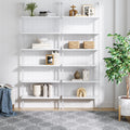 6-Shelf Tall Modern Bookshelf, Wall Mount Ladder Shelf Bookcase with White Wood and Industrial Metal Frame, Matte White/White, Set of 2
