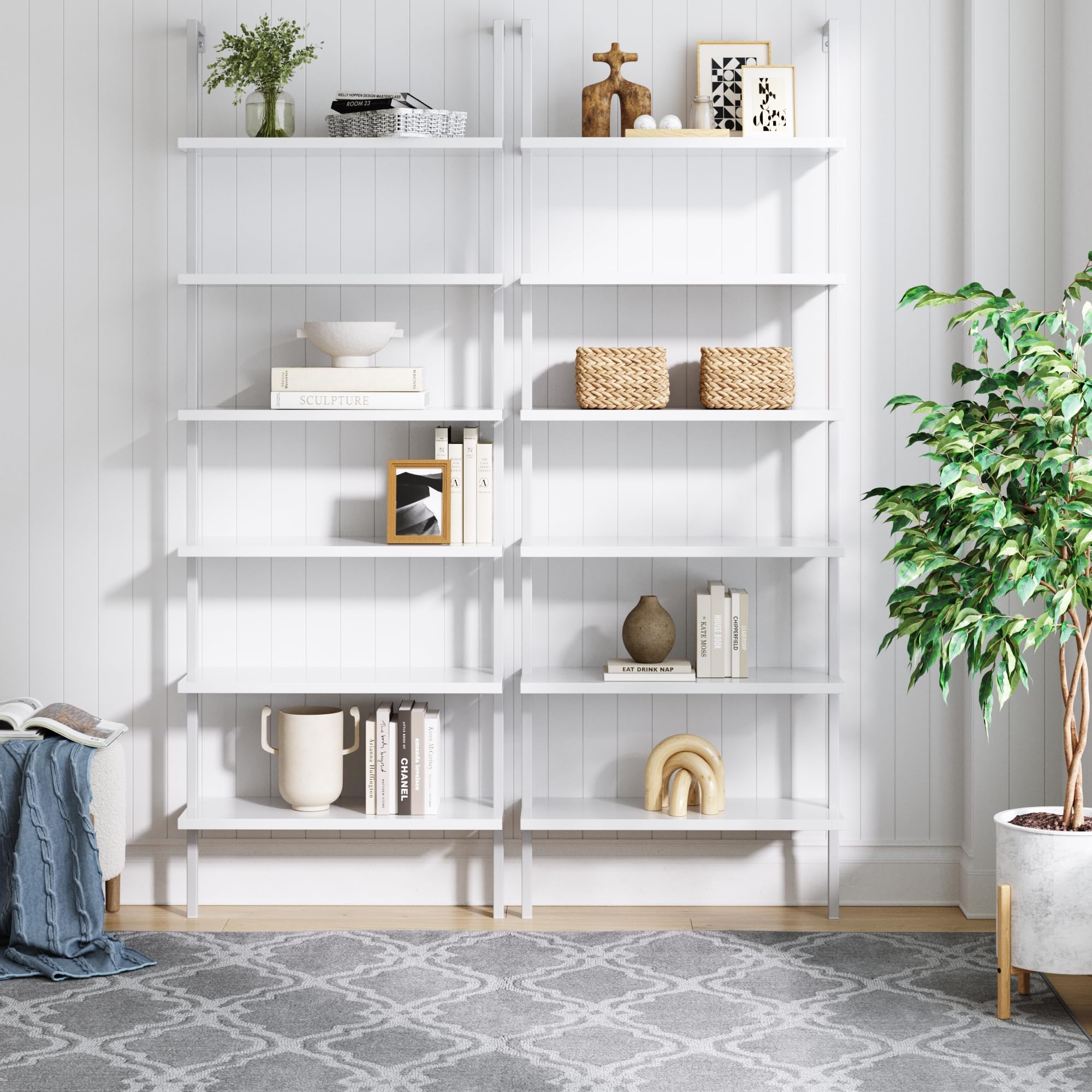 6-Shelf Tall Modern Bookshelf, Wall Mount Ladder Shelf Bookcase with White Wood and Industrial Metal Frame, Matte White/White, Set of 2