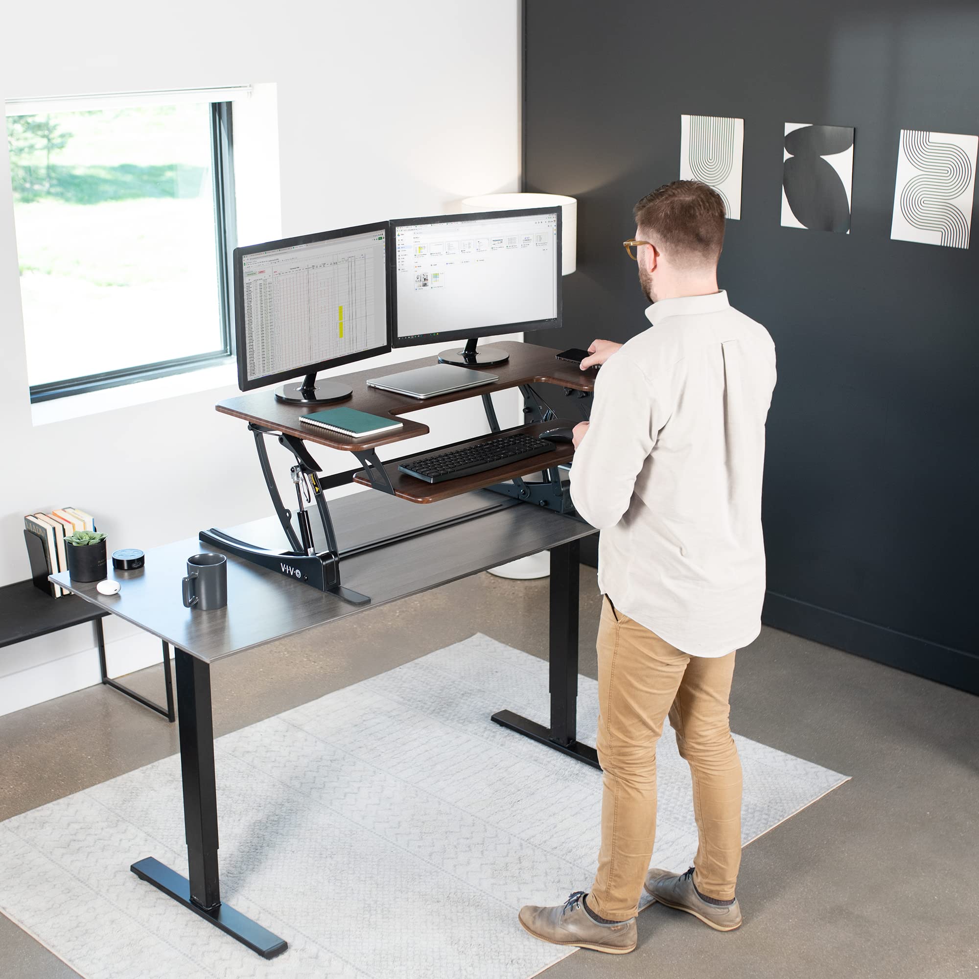 42 inch Height Adjustable Stand Up Desk Converter, V Series, Quick Sit to Stand Tabletop Dual Monitor Riser Workstation, Dark Walnut Top, Black Frame