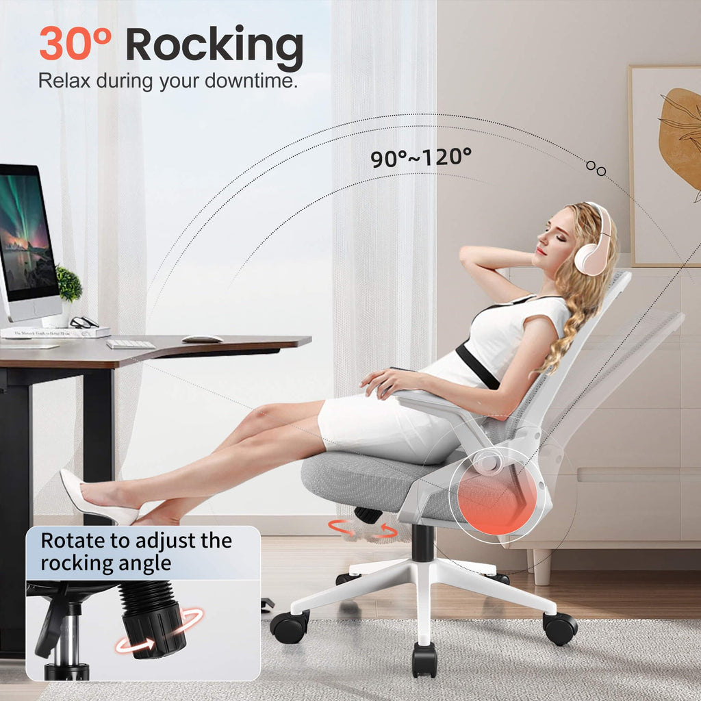 Ergonomic Office Chair with Flip-up Armrests Executive Computer Chair for Home Office, Breathable Mesh & Comfy Lumbar Support, Moon Gray