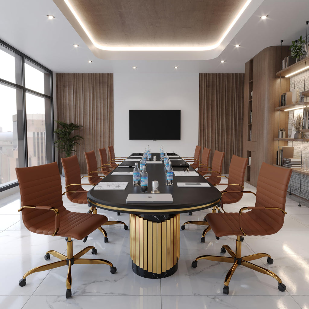 Modern Ergonomic Executive Office Chair, High-Back Leather Conference Desk Chair with Adjustable Height, Tilt Control, 360° Swivel & Gold Frame for Home Office