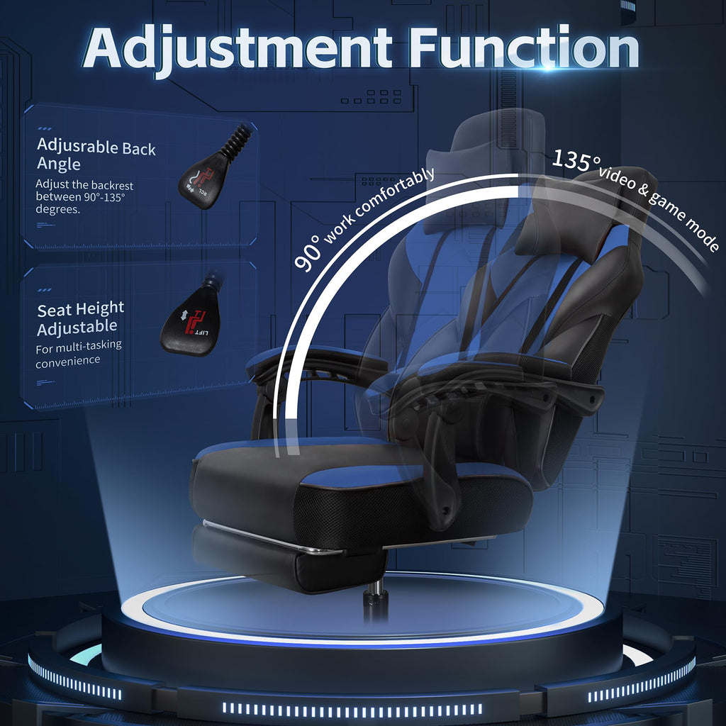 Gaming Chairs for Adults, Computer Chair with Footrest and Ergonomic High Back, Big and Tall Gamer Chairs with Massage Lumbar Support, 360° Swivel Height Adjustable Gaming Chair, Blue
