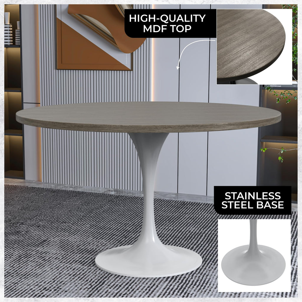 Verve Mid-Century Modern 48 Inch Round Dining Table, MDF Wood Tabletop with White Steel Pedestal Base, Large Pedestal Kitchen & Dining Room Table, Breakfast Nook Table (Dark Maple)