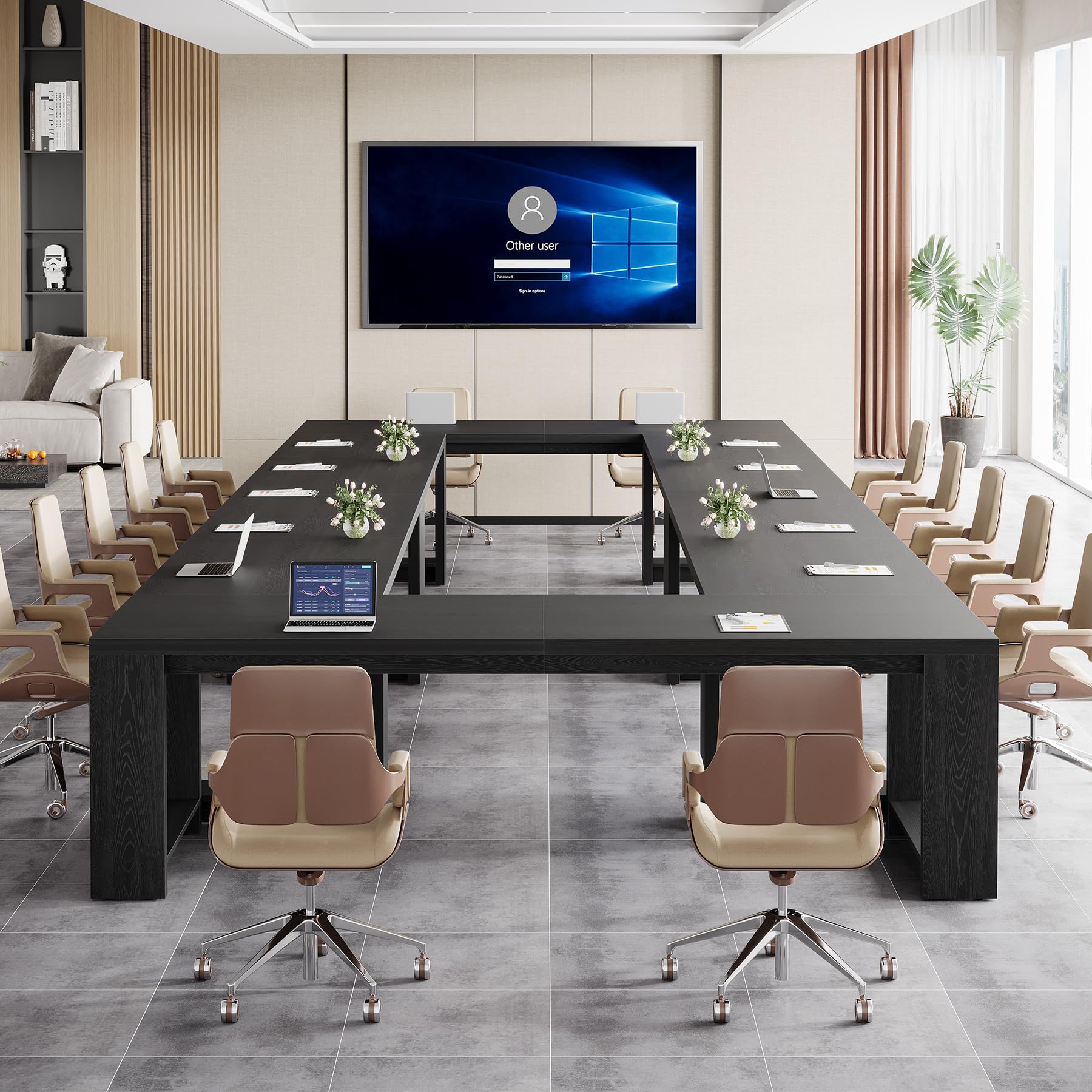 Large Conference Table Set of 2, 87-Inch Rectangular Meeting Table, Farmhouse Seminar Boardroom Desk for Office Conference Room (2, Black)