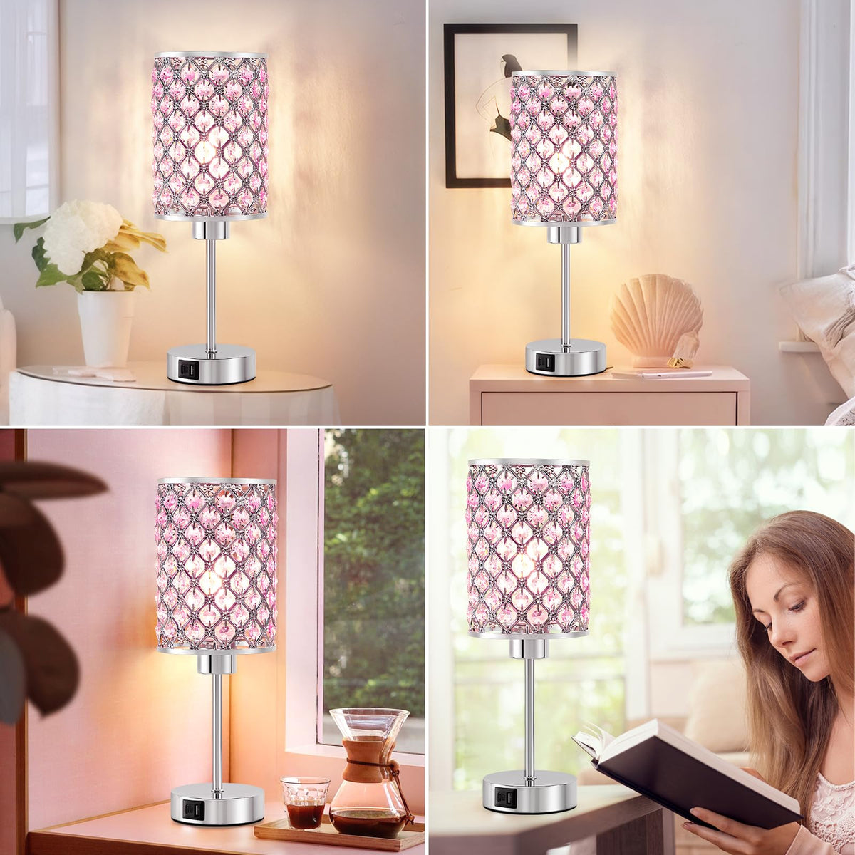 Crystal Table Lamp, Pink Touch Lamp with USB C+A Port, 3-Way Dimmable