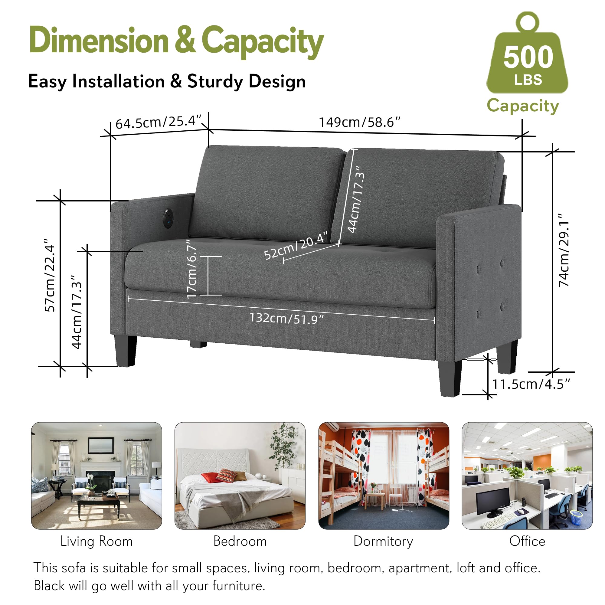 Comfy Loveseat Sofa Small Grey Couch, Small Love Seat Bedroom, Mid Century Modern Couches Living Room Dorm Office, 2 Seater Couch Deep Seat Sofas, 57”W (Dark Grey (Loveseat))